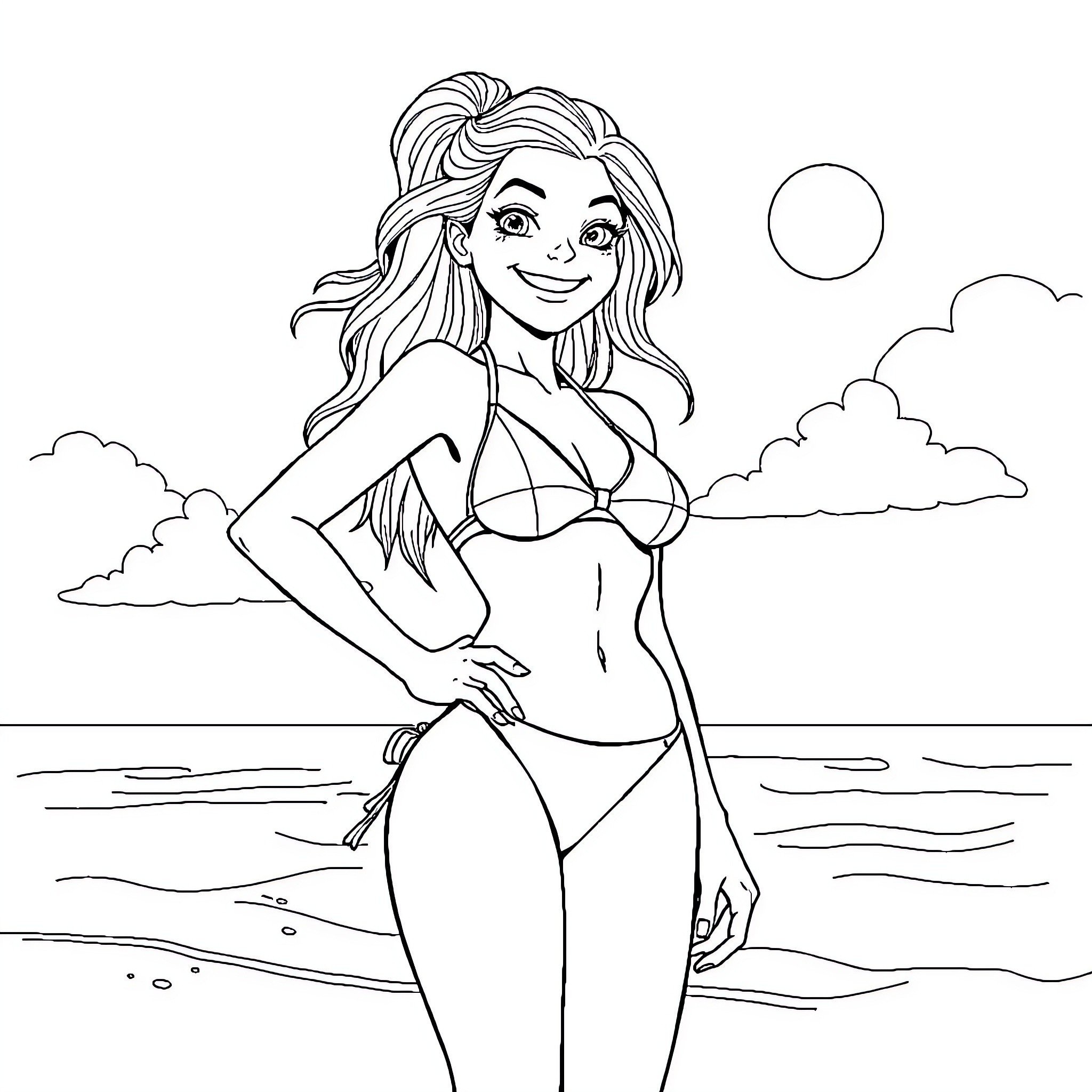 Girl in a bikini standing on the beach Coloring Page (free black-and-white line drawing printable PDF for all, from beginners to advanced learners, including children, teens, adults, and seniors)