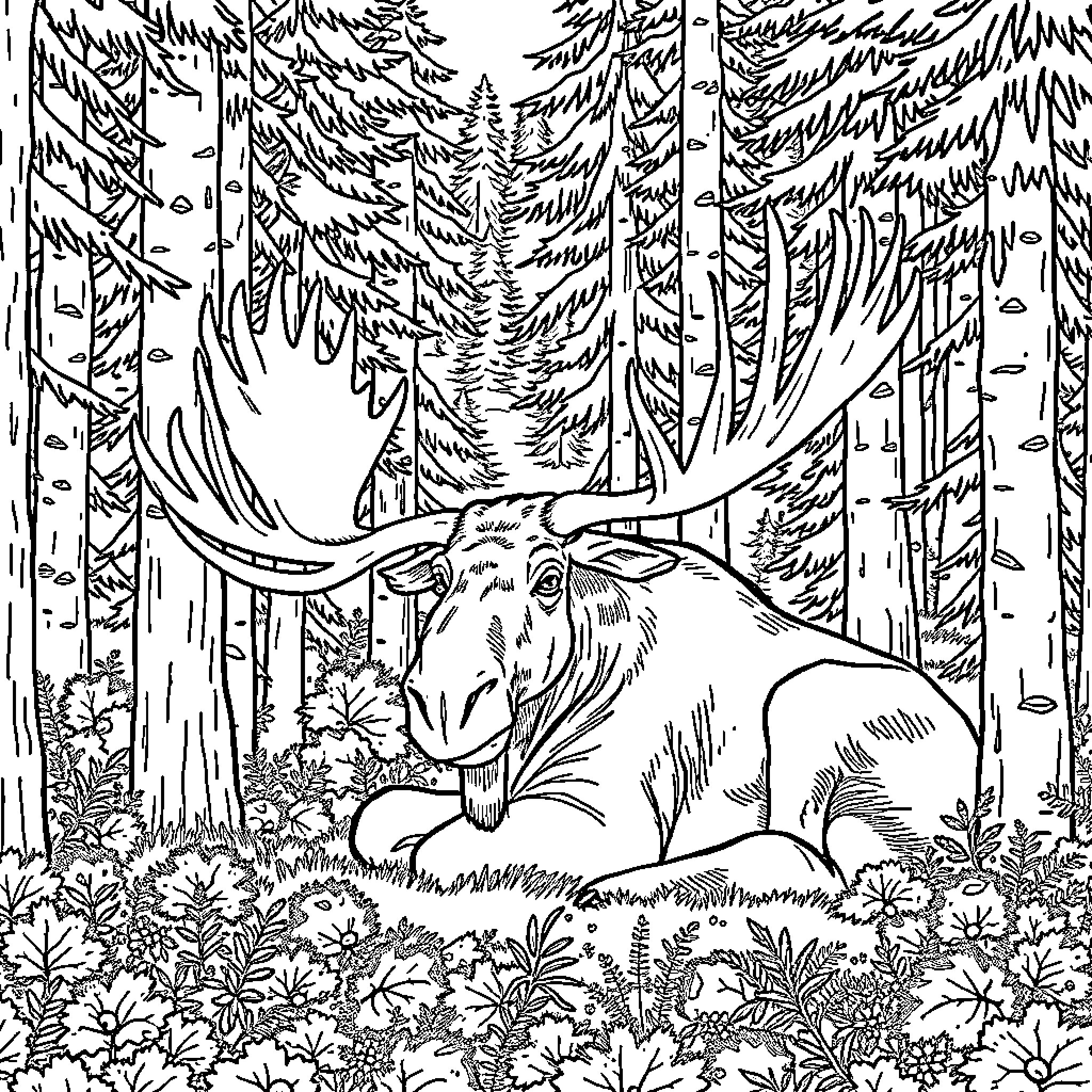 Moose resting in the serene forest Coloring Page (free black-and-white line drawing printable PDF for all, from beginners to advanced learners, including children, teens, adults, and seniors)