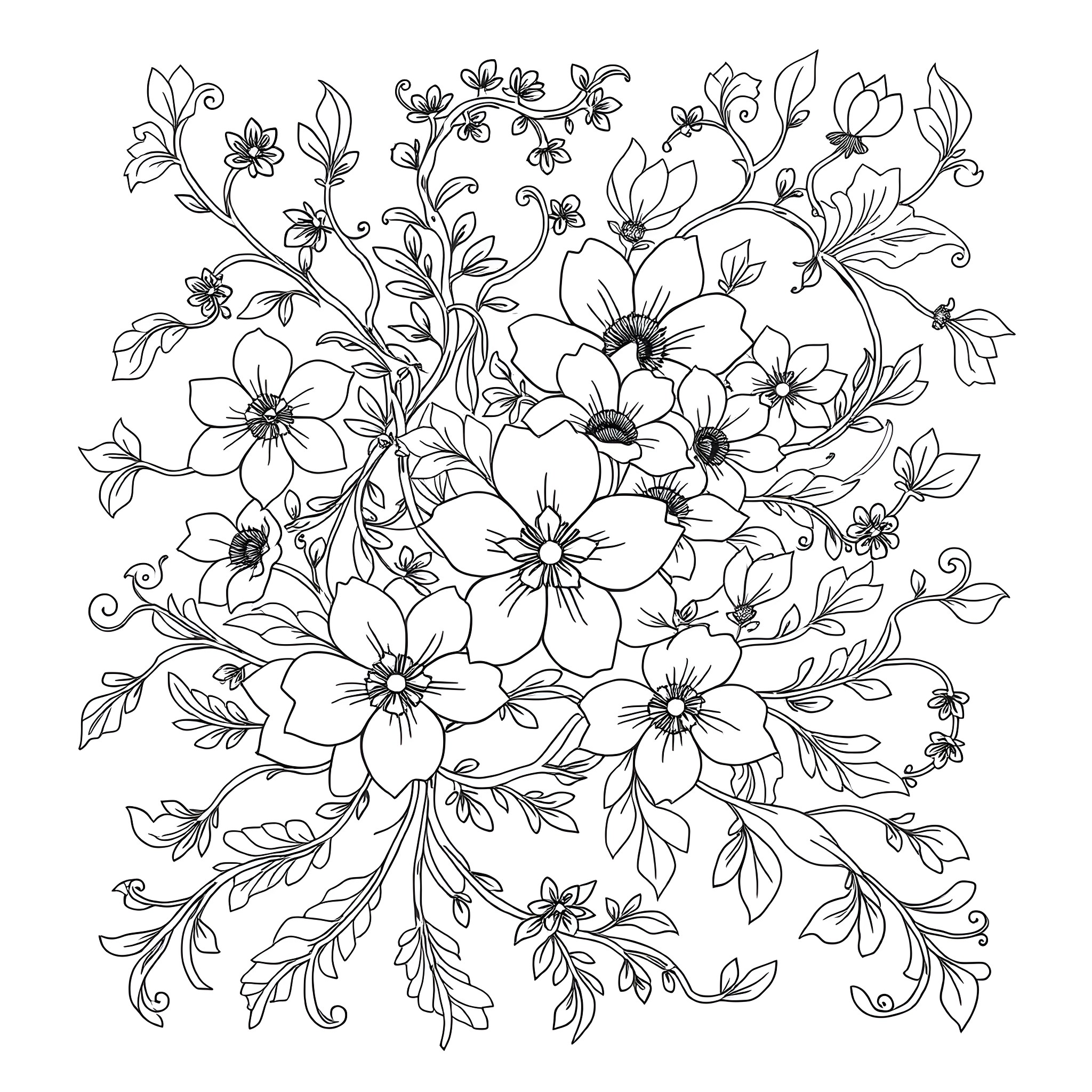 Flower Bouquet with Detailed Floral Designs Coloring Page (free black-and-white line drawing printable PDF for all, from beginners to advanced learners, including children, teens, adults, and seniors)