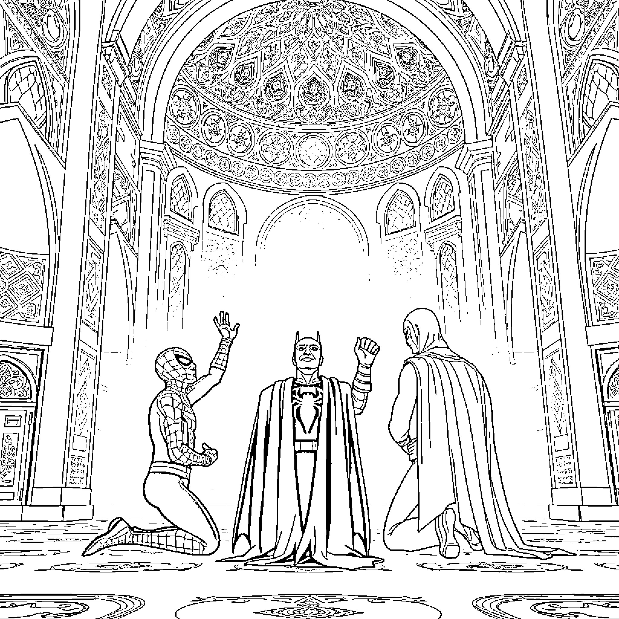 Spiderman, Superhero, and Villain in Ornate Palace Coloring Page (free black-and-white line drawing printable PDF for all, from beginners to advanced learners, including children, teens, adults, and seniors)