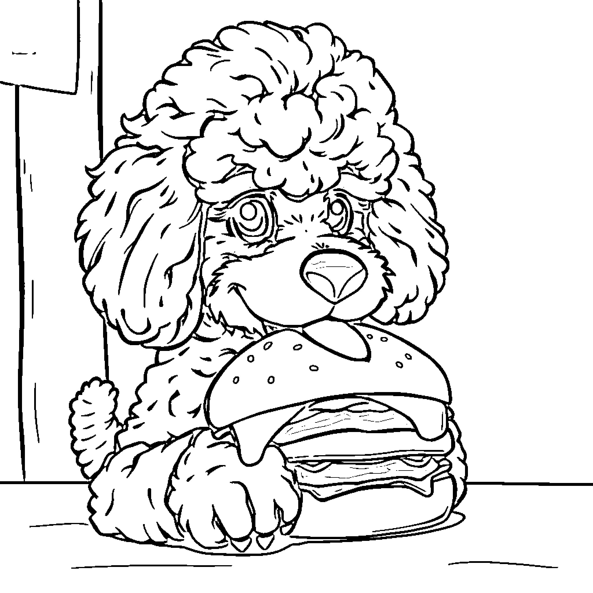 Poodle enjoying a delicious hamburger Coloring Page (free black-and-white line drawing printable PDF for all, from beginners to advanced learners, including children, teens, adults, and seniors)