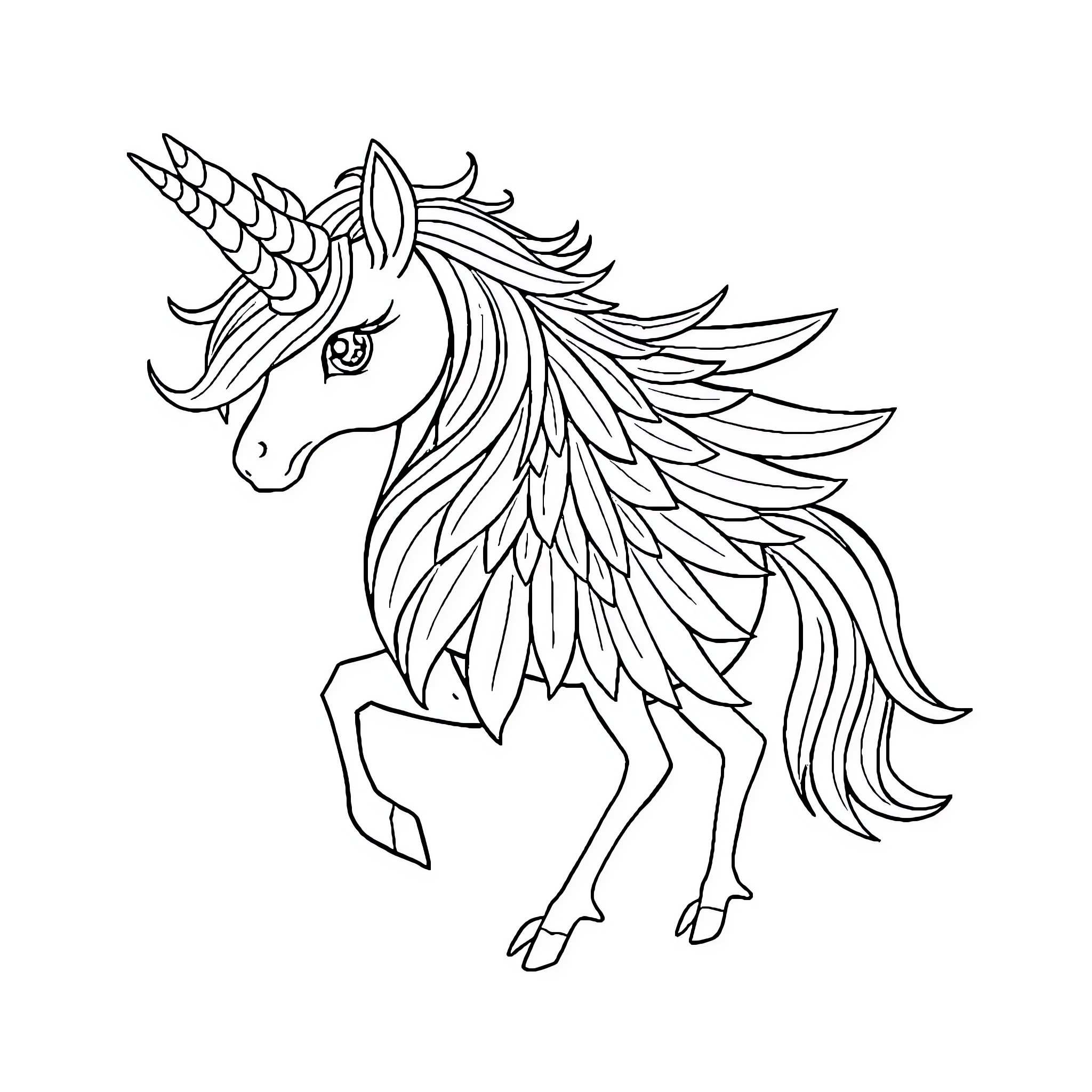 Unicorn with majestic wings and flowing mane Coloring Page (free black-and-white line drawing printable PDF for all, from beginners to advanced learners, including children, teens, adults, and seniors)