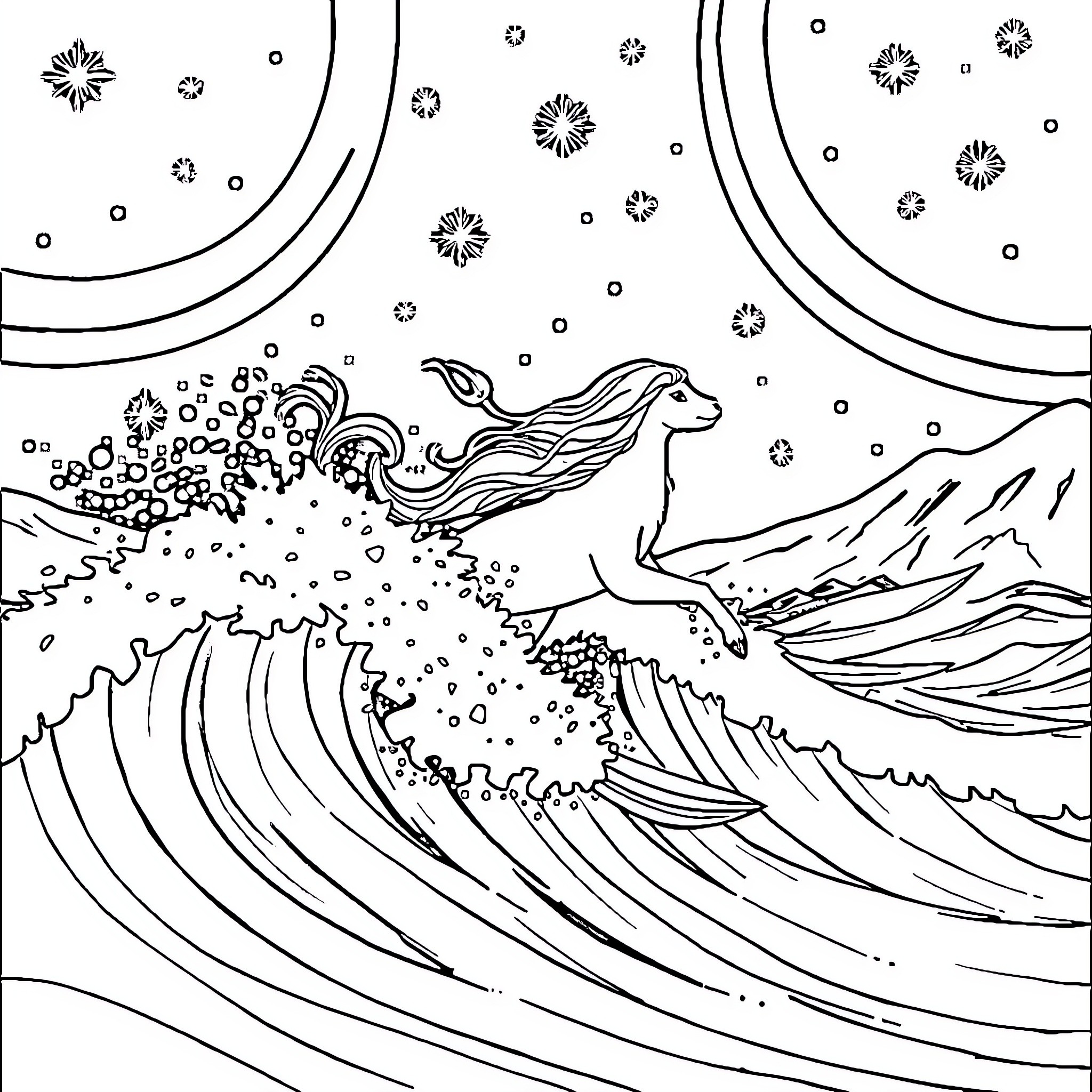 Queen of the Waves Coloring Page (free black-and-white line drawing printable PDF for all, from beginners to advanced learners, including children, teens, adults, and seniors)