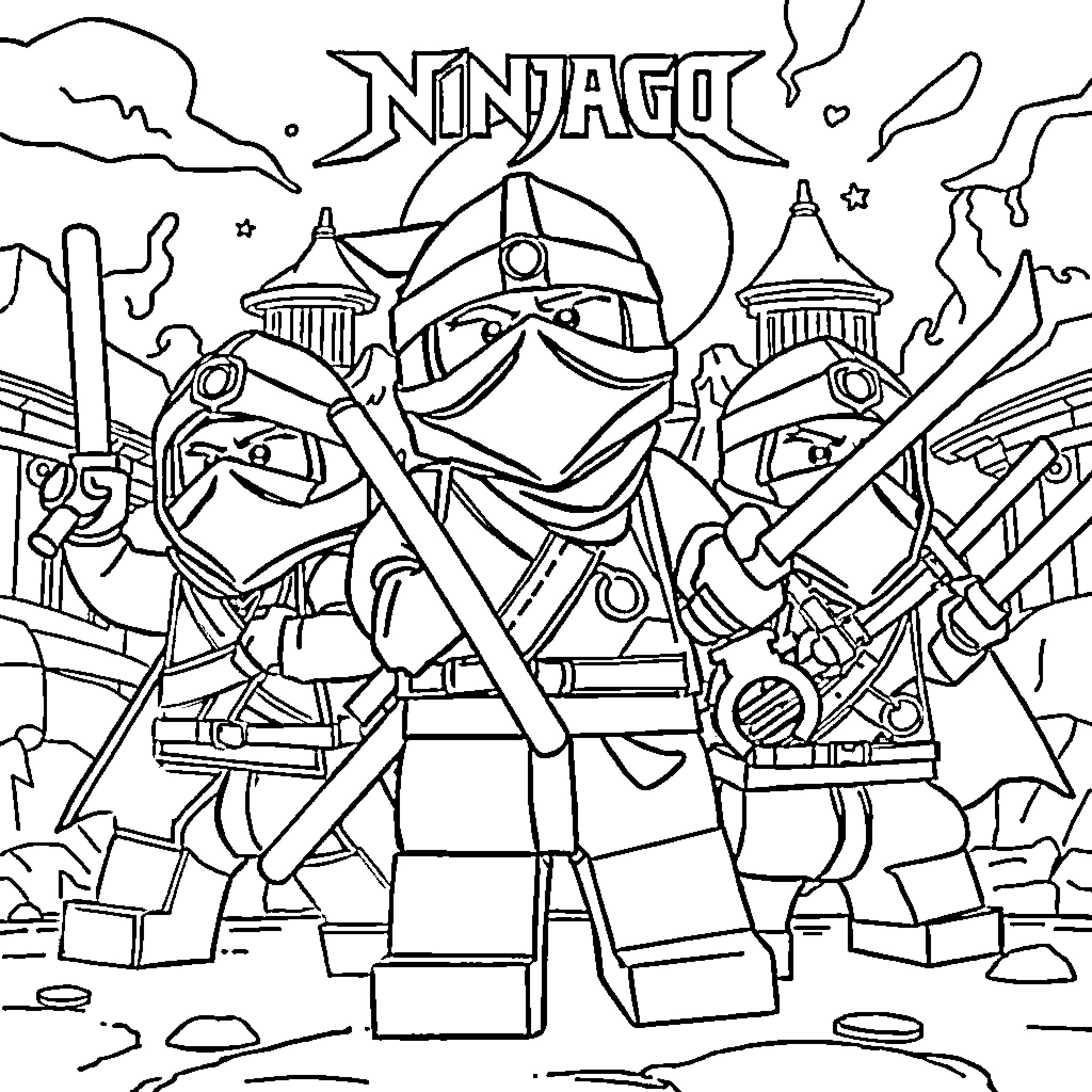 Ninjago warriors in action-packed scene Coloring Page (free black-and-white line drawing printable PDF for all, from beginners to advanced learners, including children, teens, adults, and seniors)