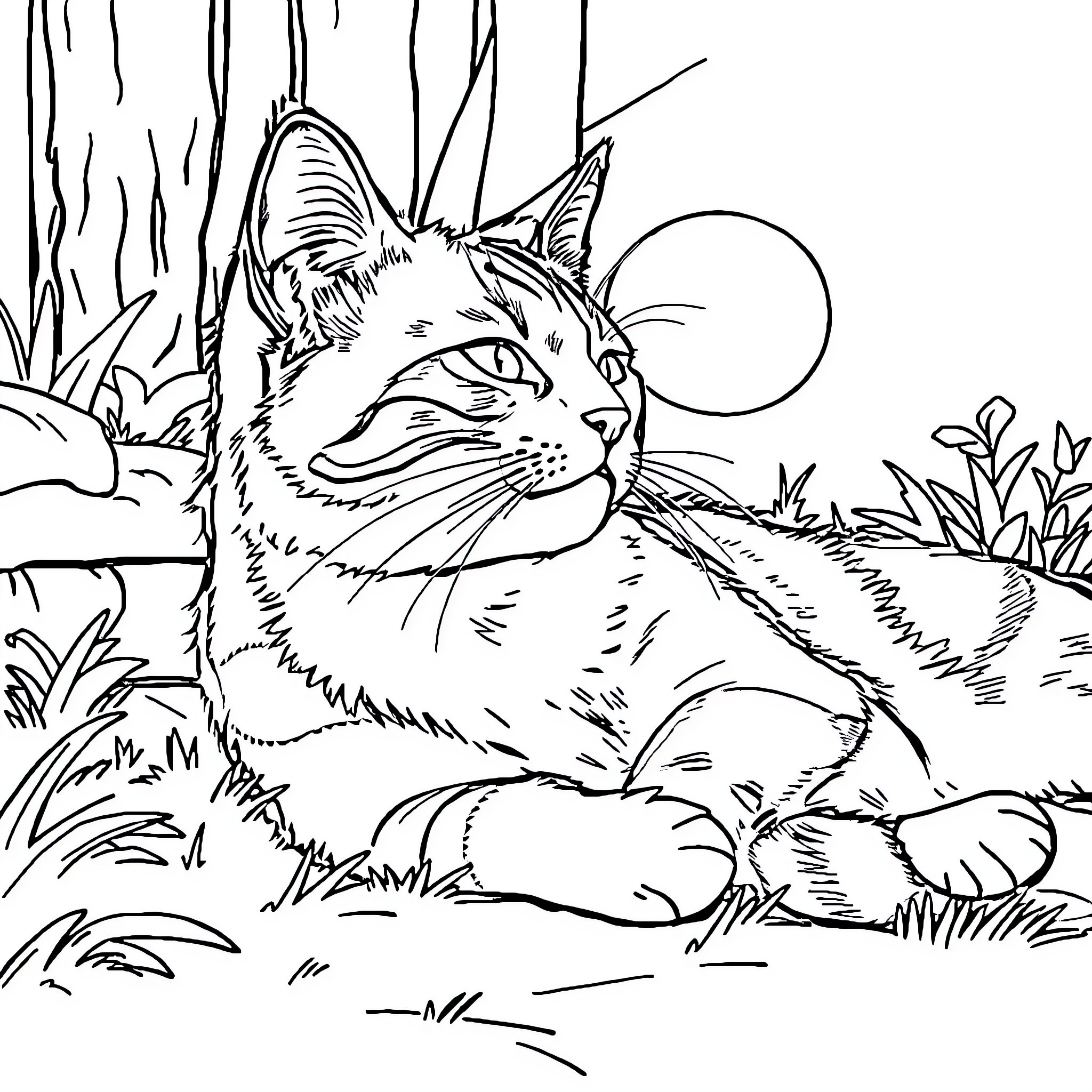 Calico Cat Resting Peacefully in Nature Coloring Page (free black-and-white line drawing printable PDF for all, from beginners to advanced learners, including children, teens, adults, and seniors)
