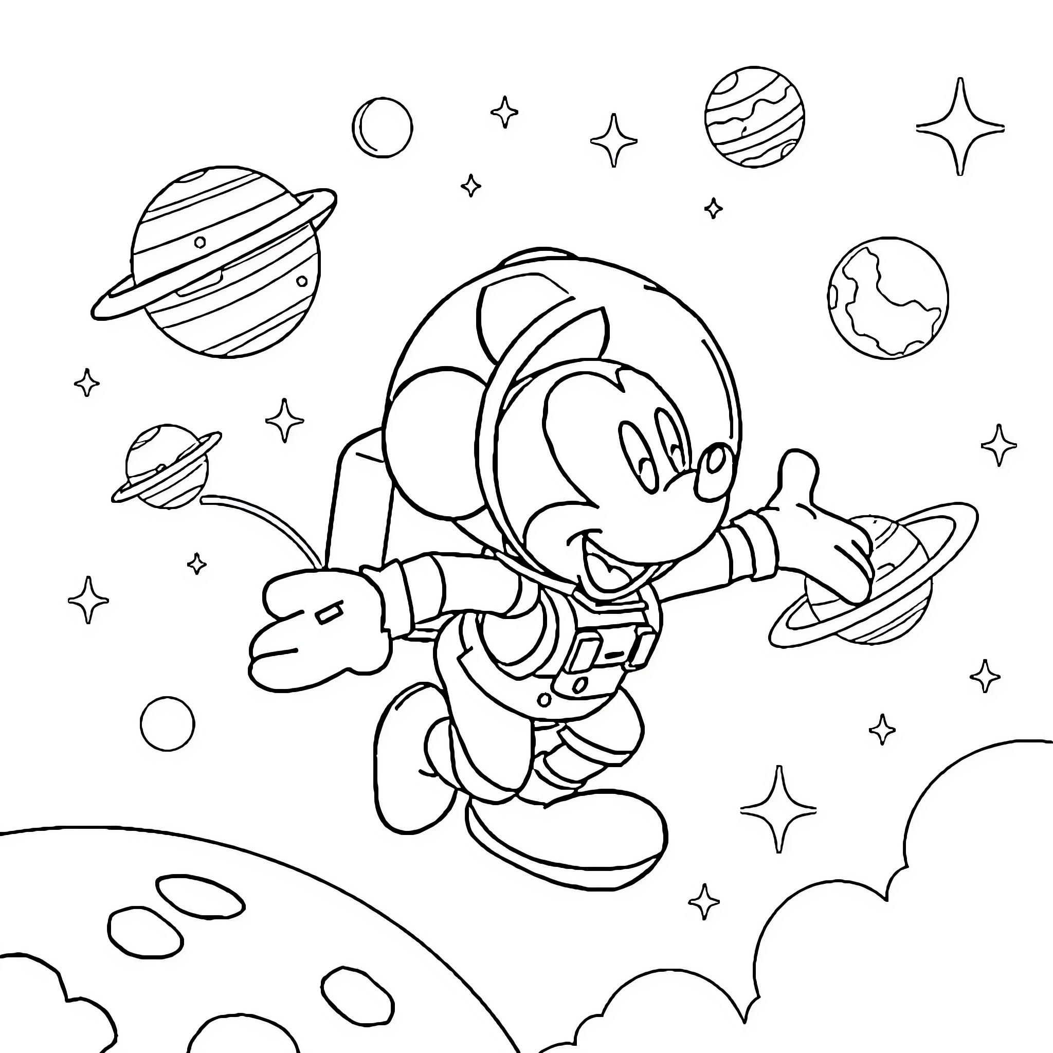 Mickey Mouse exploring the wonders of outer space Coloring Page (free black-and-white line drawing printable PDF for all, from beginners to advanced learners, including children, teens, adults, and seniors)