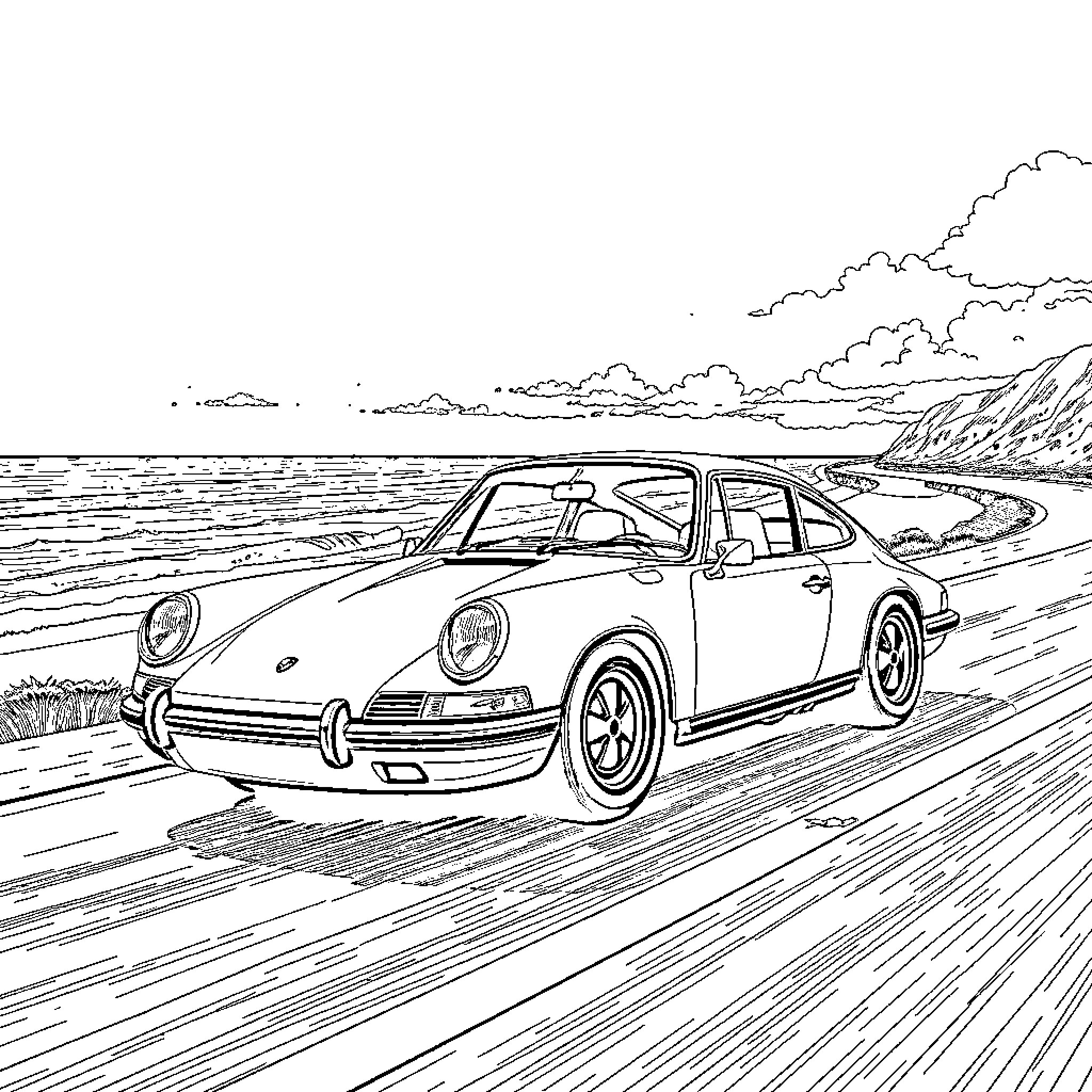 Porsche sports car speeding along coastal road Coloring Page (free black-and-white line drawing printable PDF for all, from beginners to advanced learners, including children, teens, adults, and seniors)