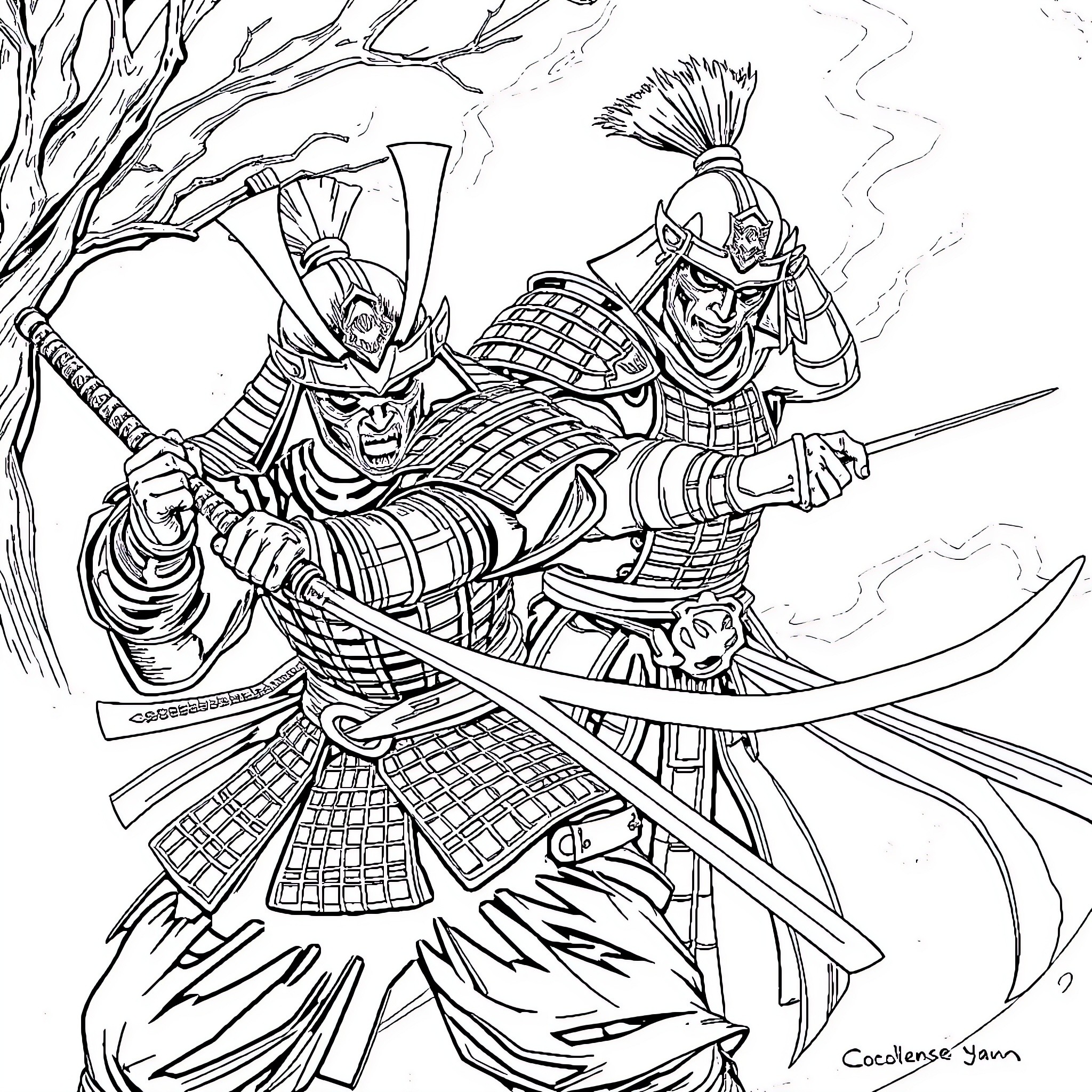Samurai Warriors Engaged in Fierce Battle Coloring Page (free black-and-white line drawing printable PDF for all, from beginners to advanced learners, including children, teens, adults, and seniors)