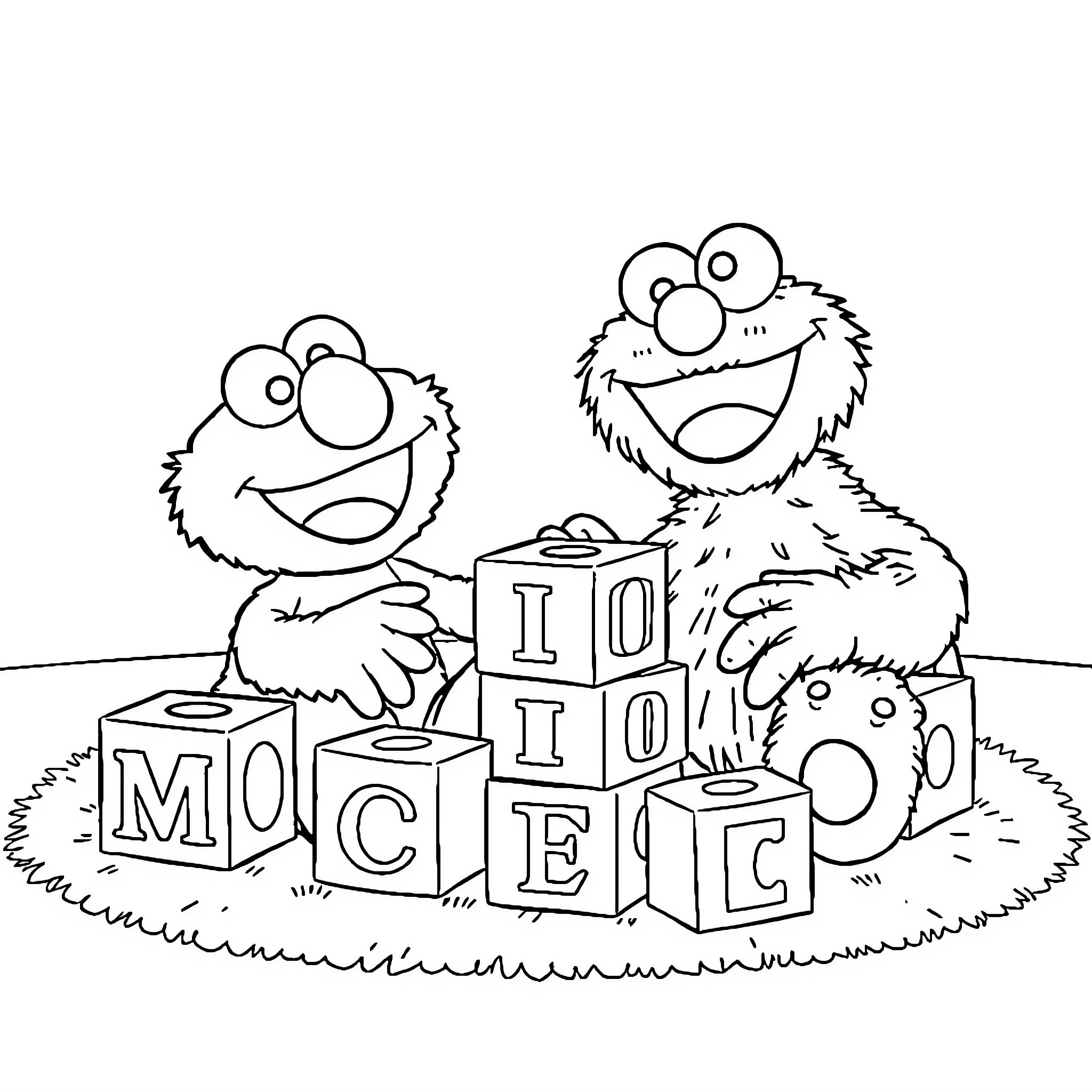 Elmo and Cookie Monster playing with building blocks Coloring Page (free black-and-white line drawing printable PDF for all, from beginners to advanced learners, including children, teens, adults, and seniors)