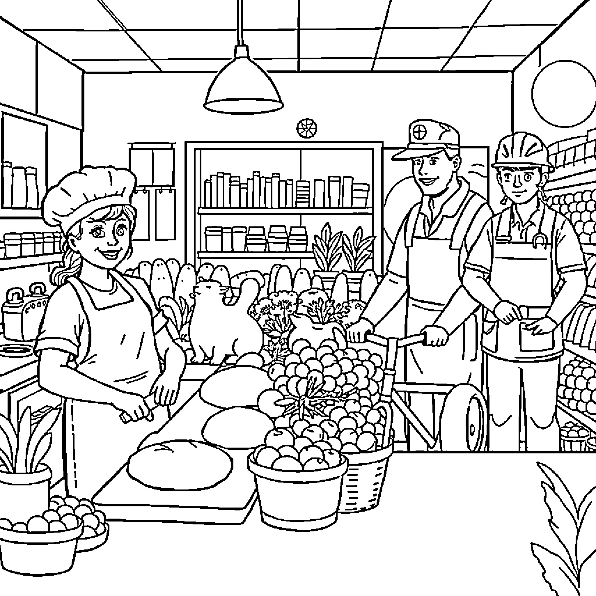 Workers operating in a local grocery store Coloring Page (free black-and-white line drawing printable PDF for all, from beginners to advanced learners, including children, teens, adults, and seniors)