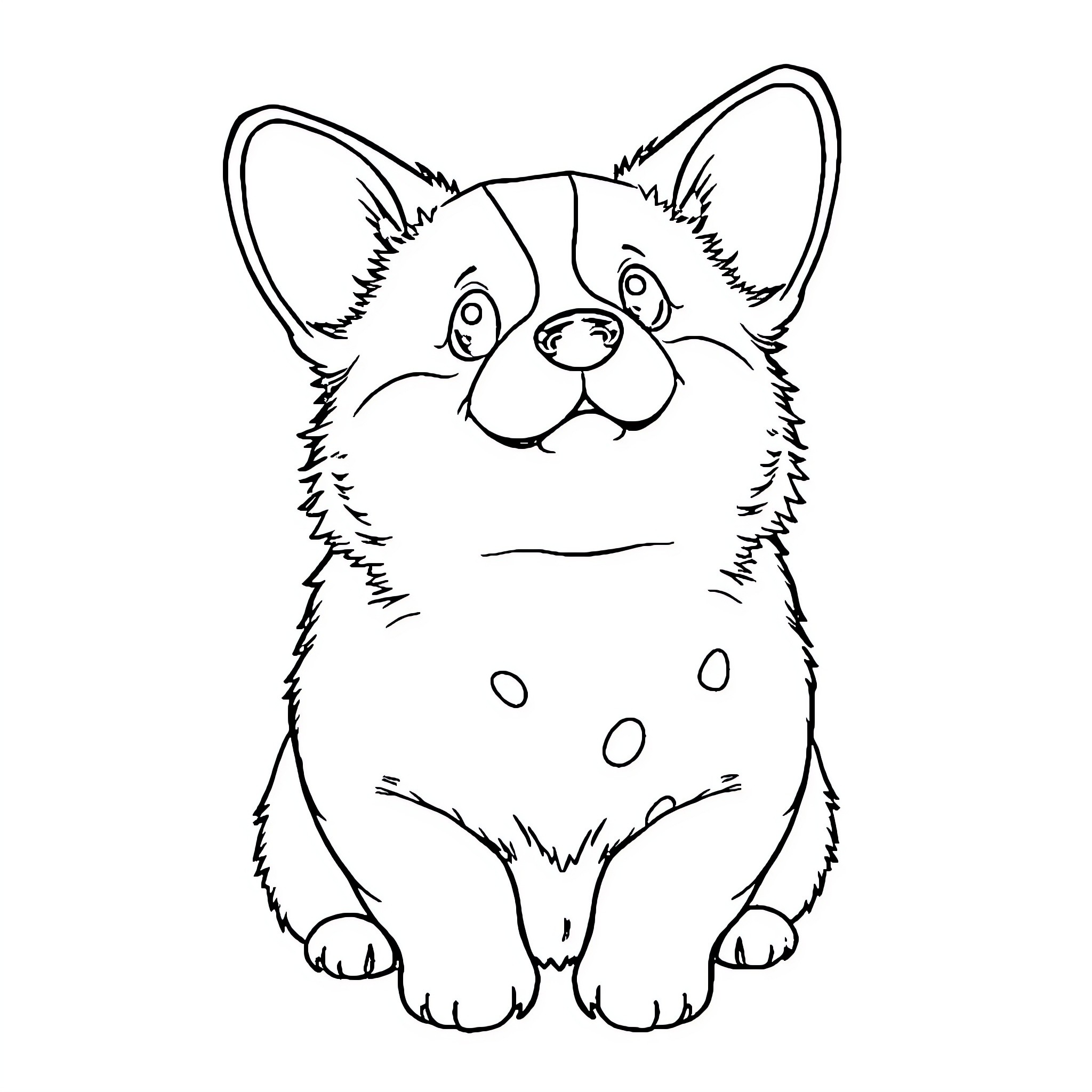 Corgi sitting and looking curious Coloring Page (free black-and-white line drawing printable PDF for all, from beginners to advanced learners, including children, teens, adults, and seniors)