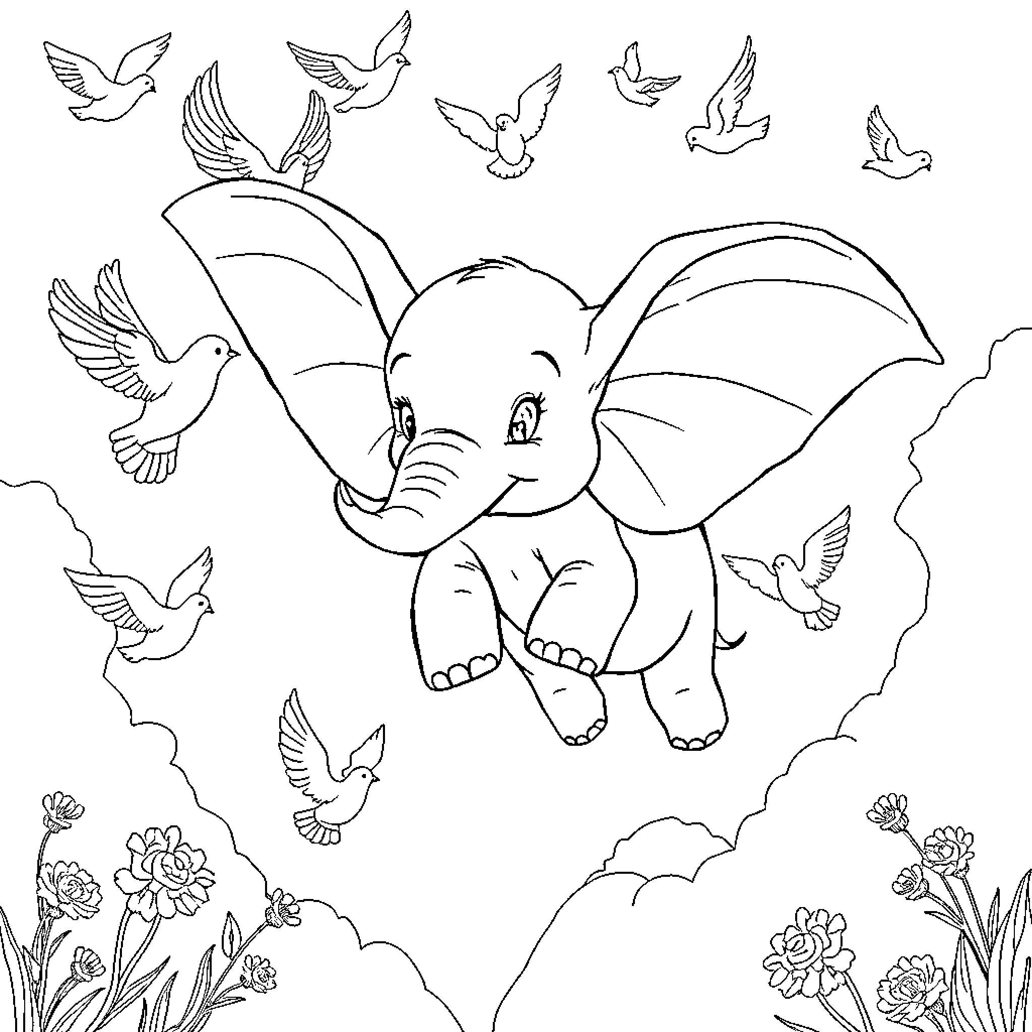 Dumbo the Elephant and Flying Doves in Nature Coloring Page (free black-and-white line drawing printable PDF for all, from beginners to advanced learners, including children, teens, adults, and seniors)