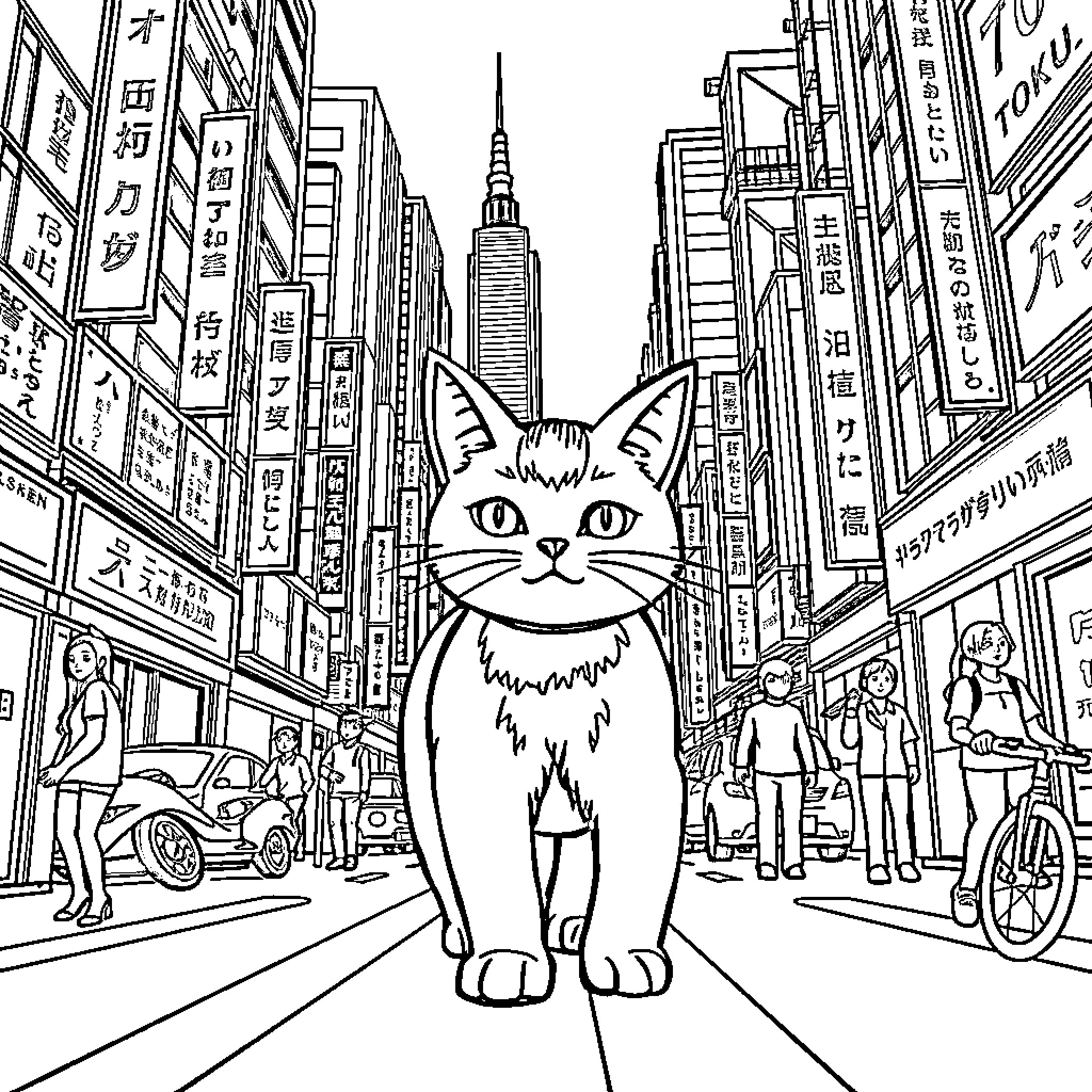 Gatomon exploring the bustling city streets Coloring Page (free black-and-white line drawing printable PDF for all, from beginners to advanced learners, including children, teens, adults, and seniors)