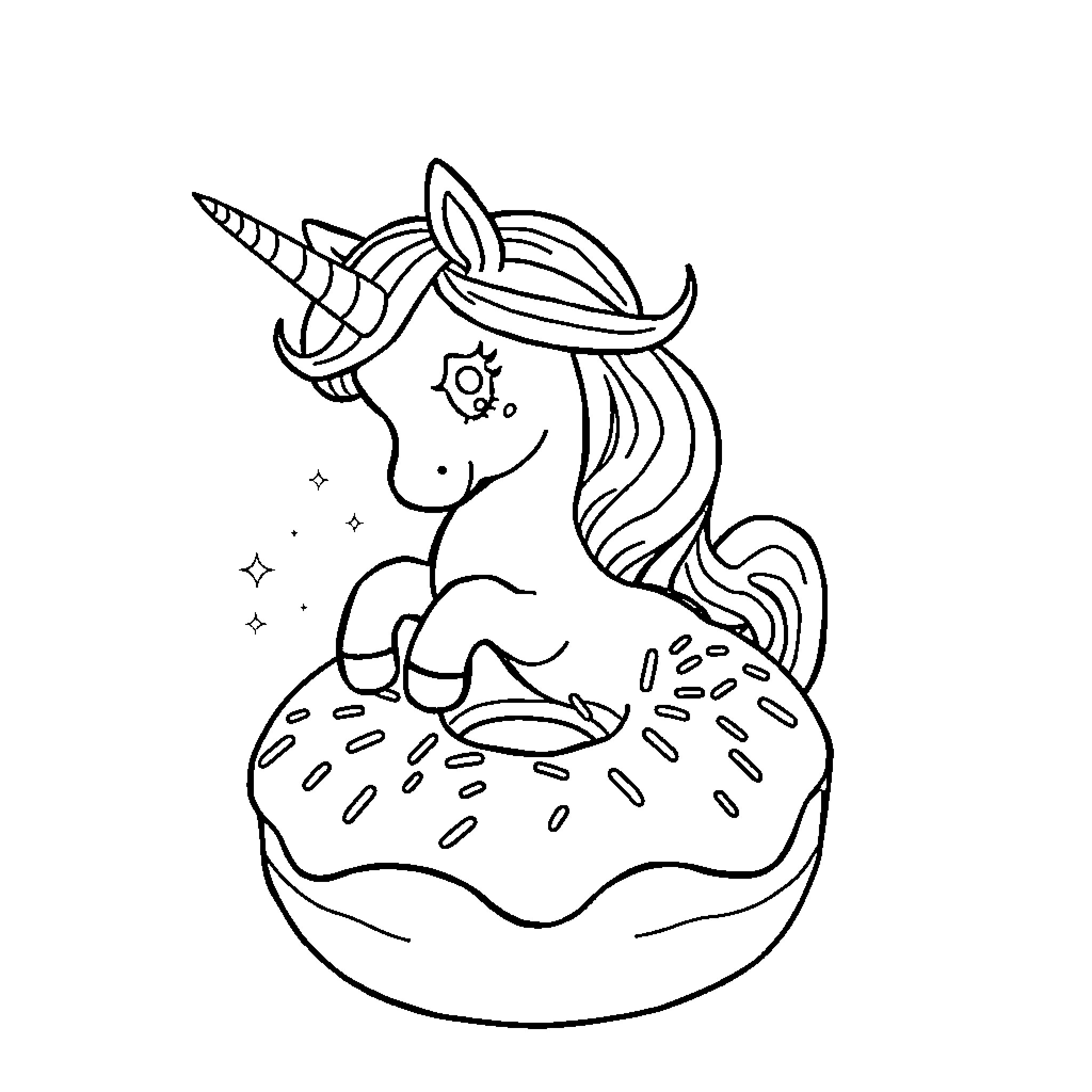 Unicorn enjoying a whimsical dessert Coloring Page (free black-and-white line drawing printable PDF for all, from beginners to advanced learners, including children, teens, adults, and seniors)