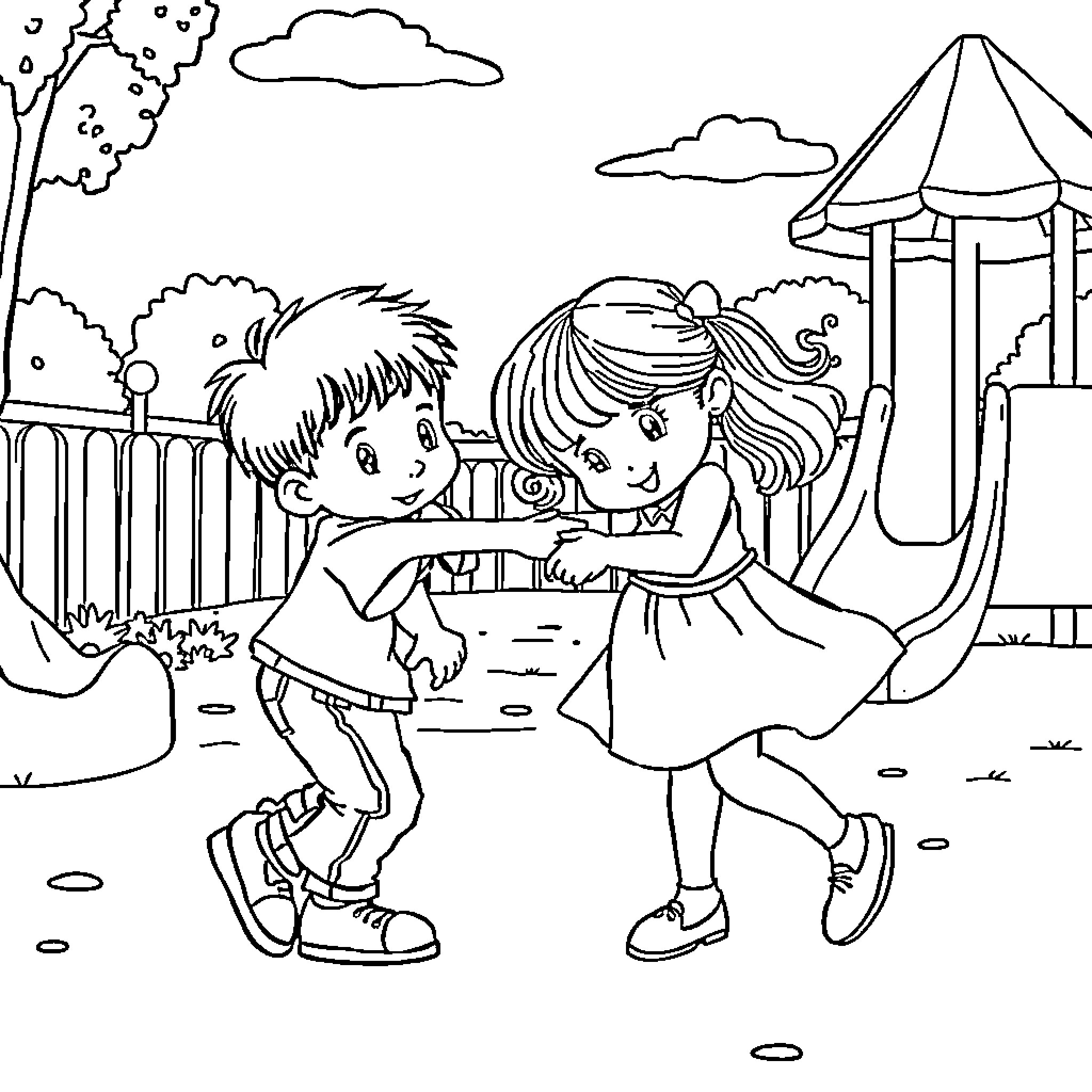 Child friends playing together at the park Coloring Page (free black-and-white line drawing printable PDF for all, from beginners to advanced learners, including children, teens, adults, and seniors)