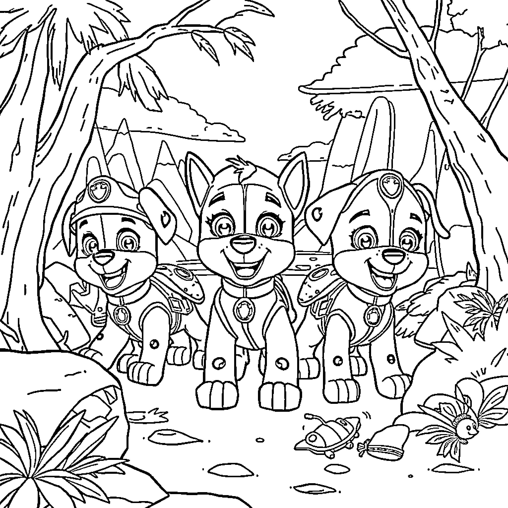 Paw Patrol Pups on a Jungle Adventure Coloring Page (free black-and-white line drawing printable PDF for all, from beginners to advanced learners, including children, teens, adults, and seniors)