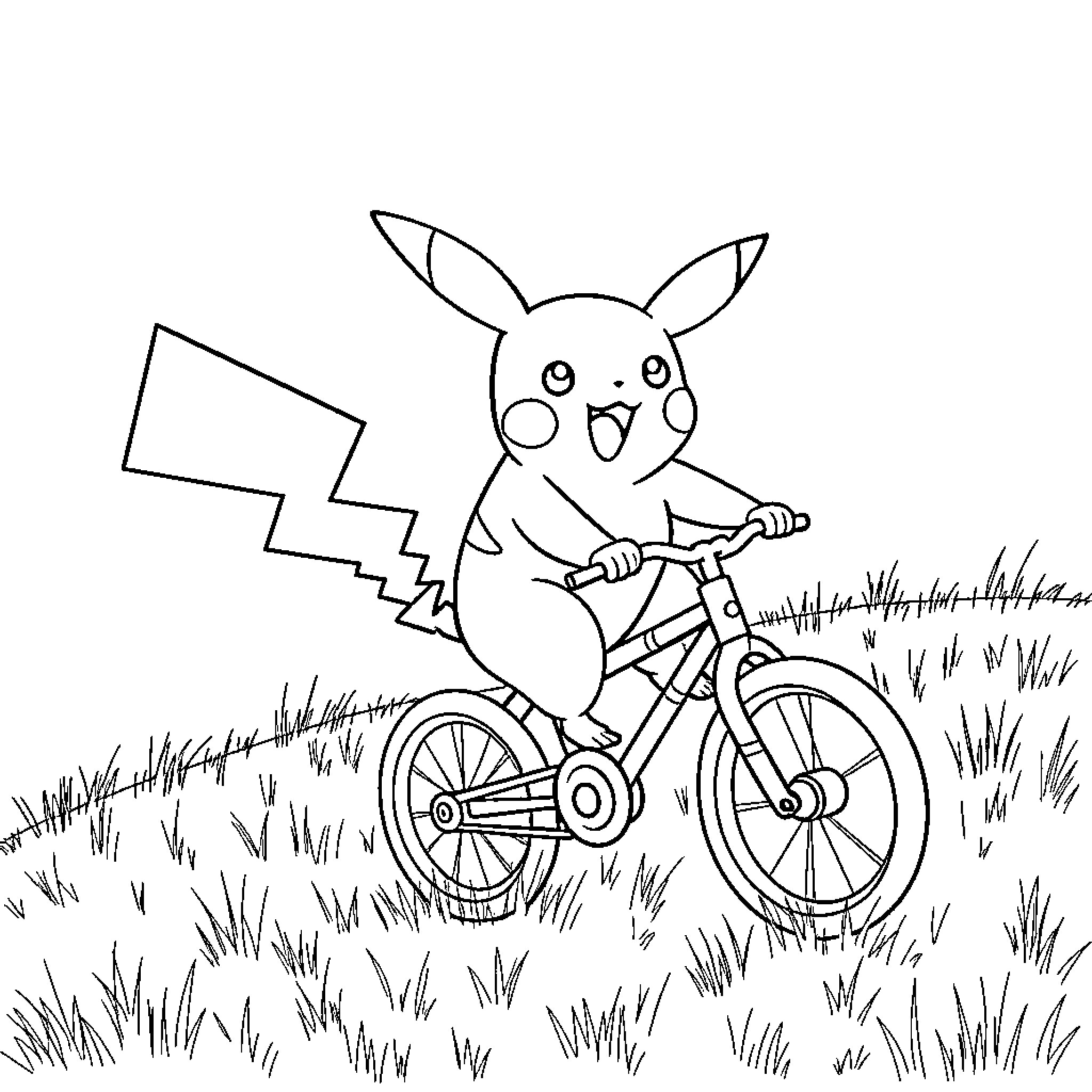 Pikachu riding a bicycle in a grassy field Coloring Page (free black-and-white line drawing printable PDF for all, from beginners to advanced learners, including children, teens, adults, and seniors)