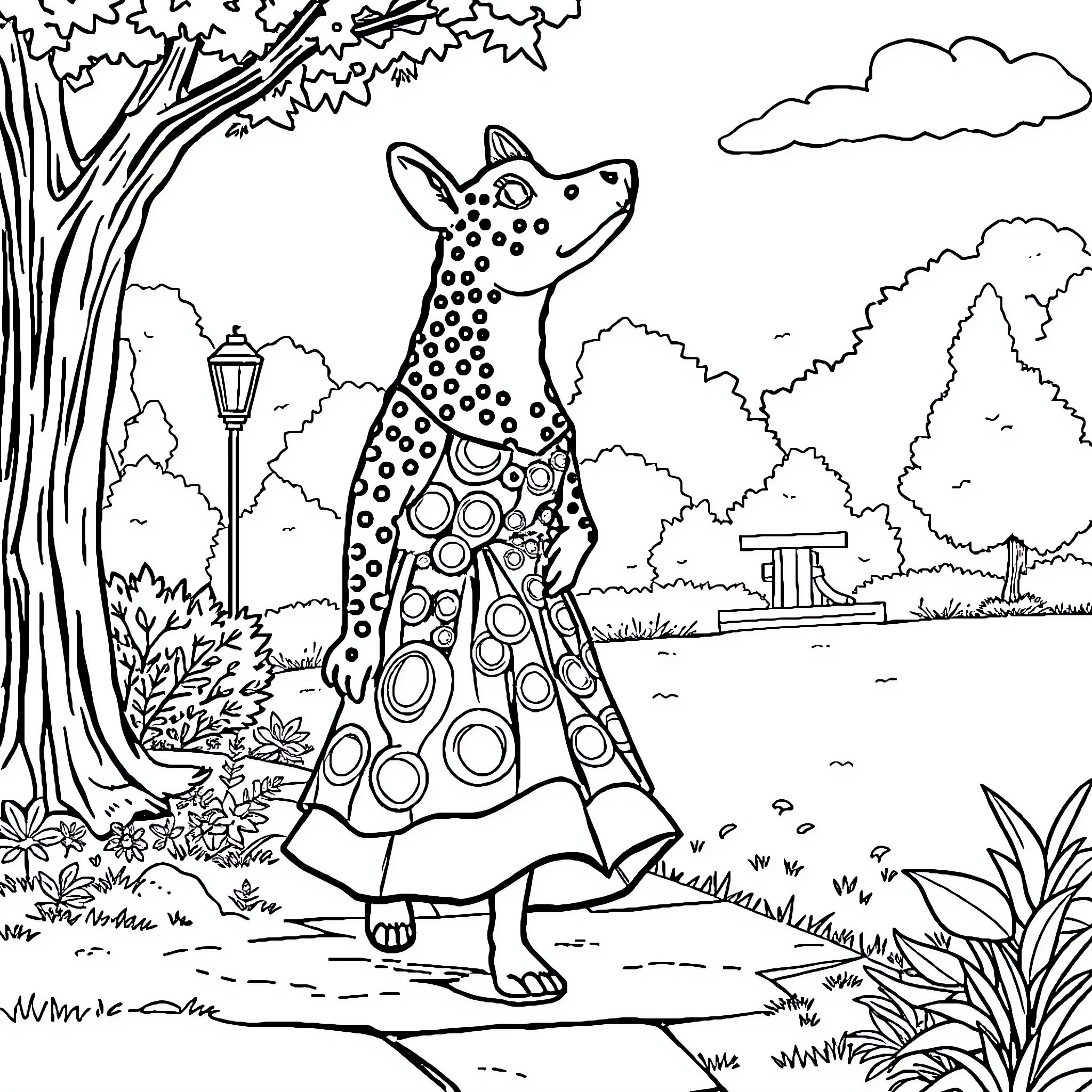 Perra in a vibrant forest landscape Coloring Page (free black-and-white line drawing printable PDF for all, from beginners to advanced learners, including children, teens, adults, and seniors)