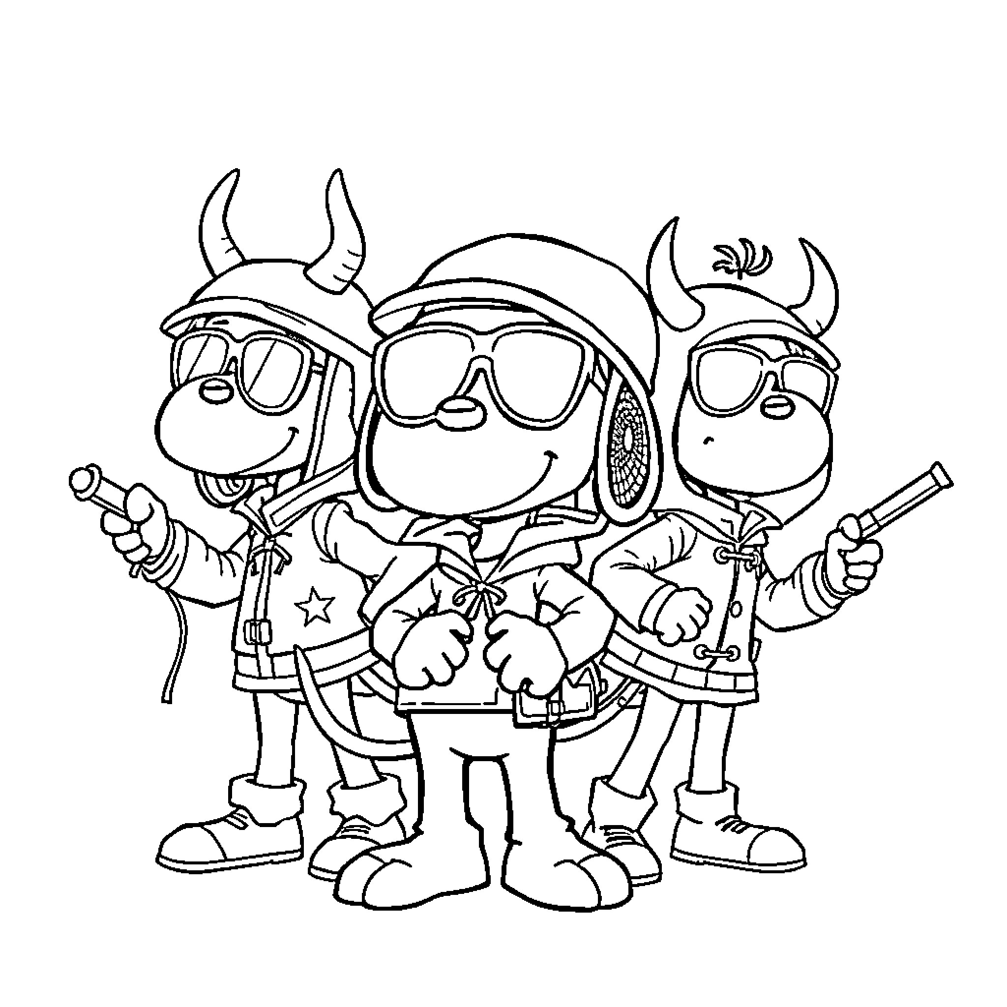 Snoopy and friends dressed as space adventurers Coloring Page (free black-and-white line drawing printable PDF for all, from beginners to advanced learners, including children, teens, adults, and seniors)