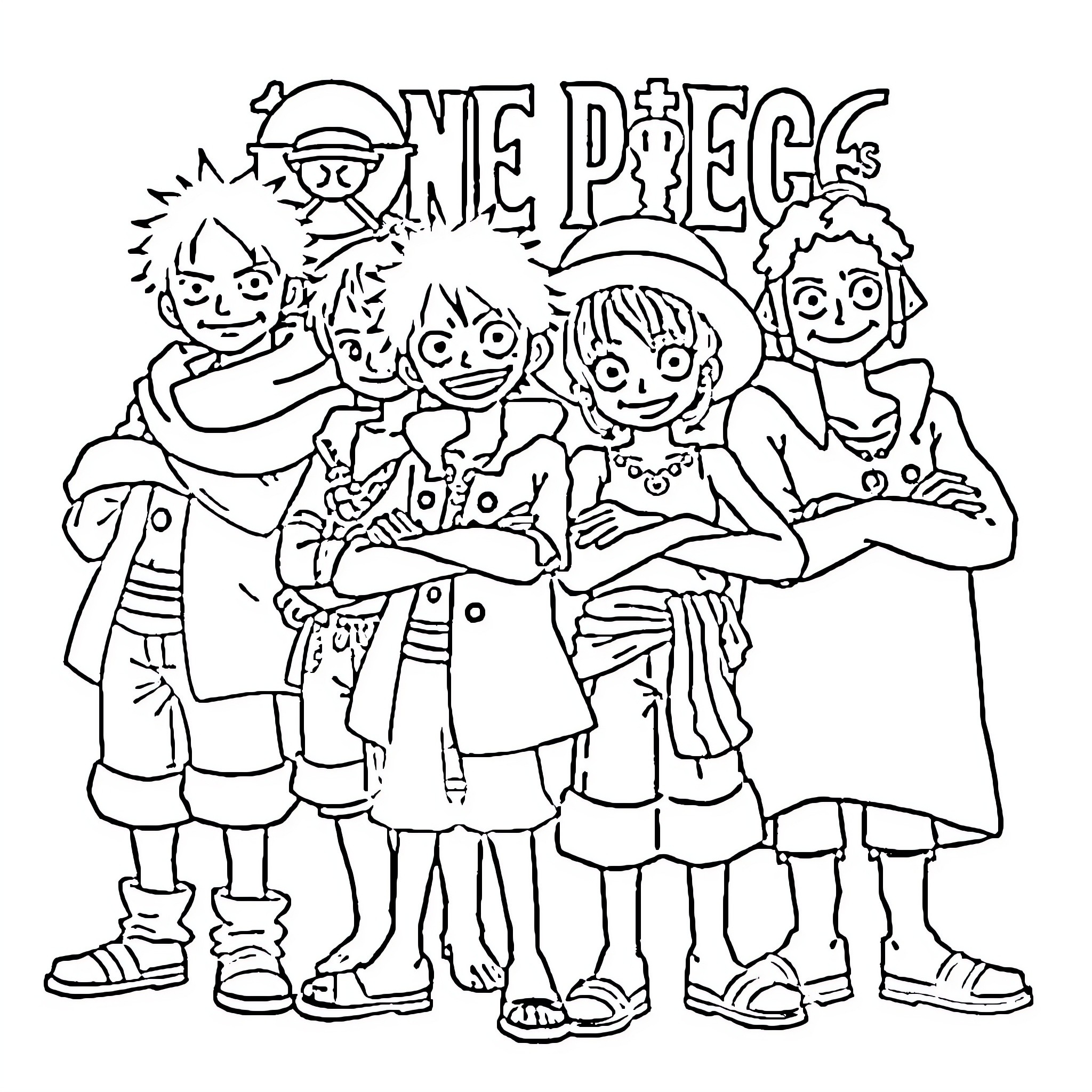 One Piece: Lively crew members in action poses Coloring Page (free black-and-white line drawing printable PDF for all, from beginners to advanced learners, including children, teens, adults, and seniors)