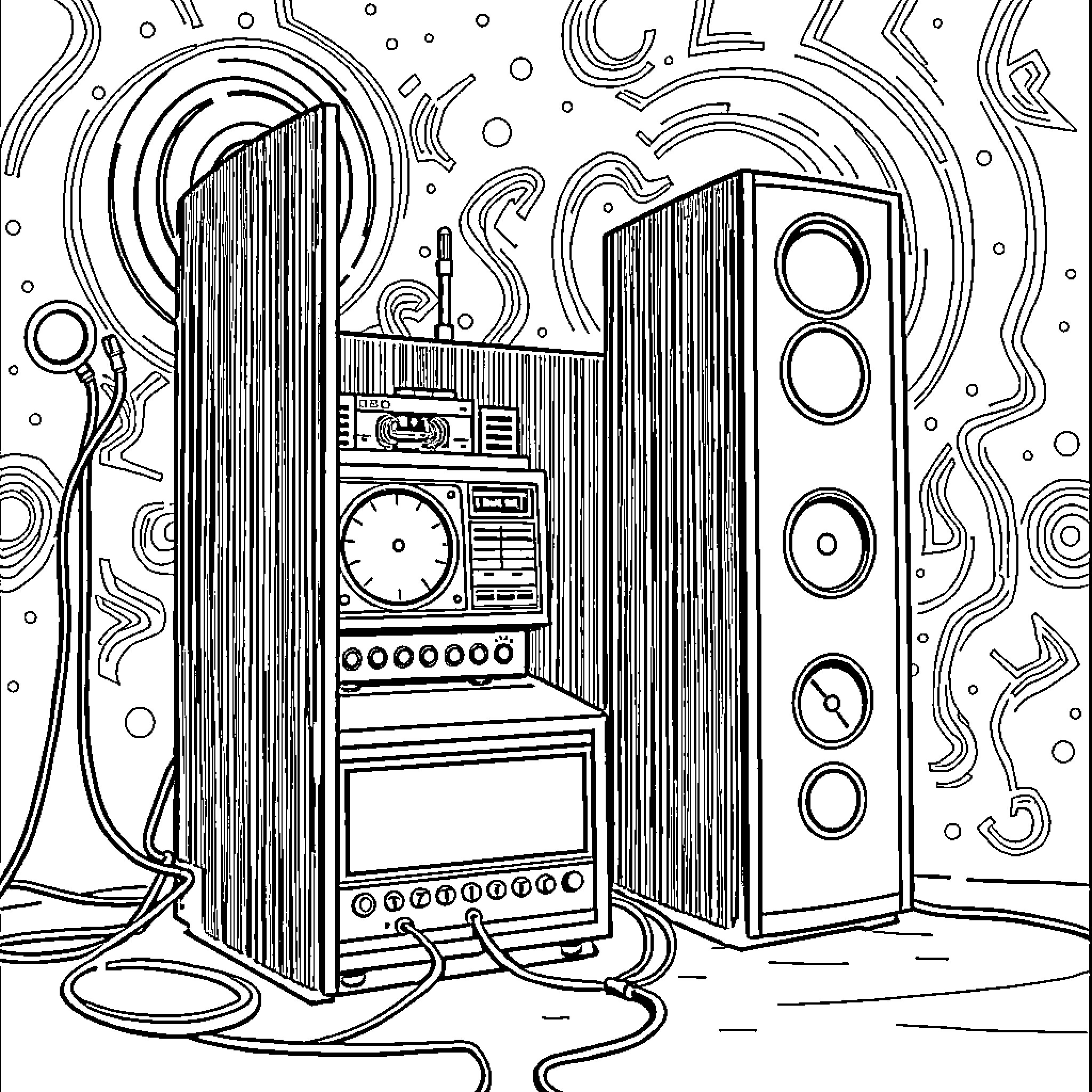 Radio Enthusiast's Retro Sound System Coloring Page (free black-and-white line drawing printable PDF for all, from beginners to advanced learners, including children, teens, adults, and seniors)