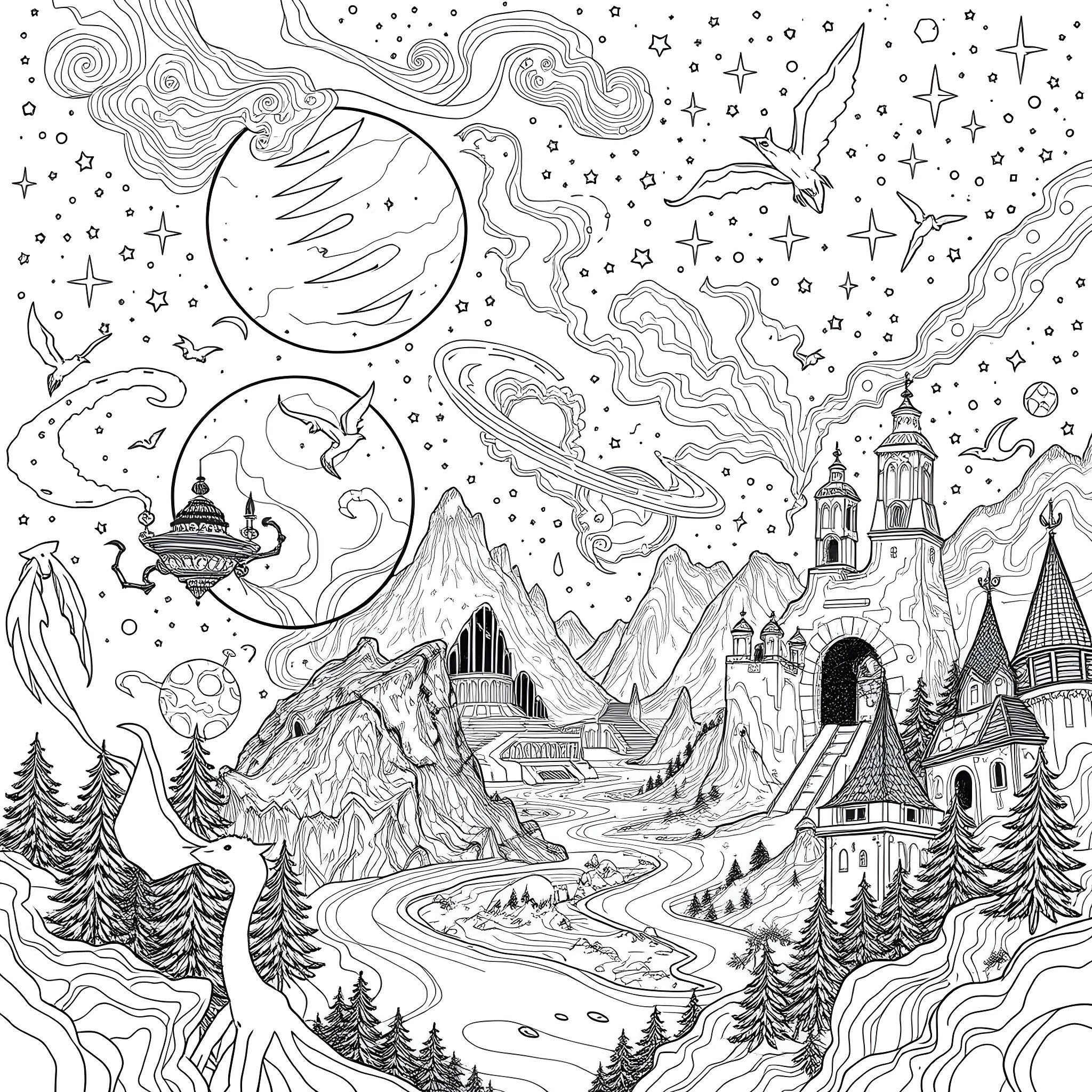 Galaxy of Fantastical Landscapes and Celestial Wonders Coloring Page (free black-and-white line drawing printable PDF for all, from beginners to advanced learners, including children, teens, adults, and seniors)