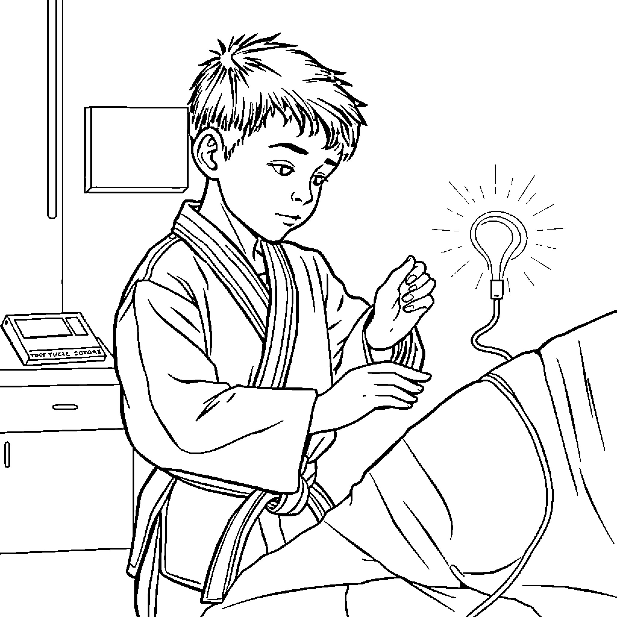 TKD Boy Concentrating on Idea Generation Coloring Page (free black-and-white line drawing printable PDF for all, from beginners to advanced learners, including children, teens, adults, and seniors)