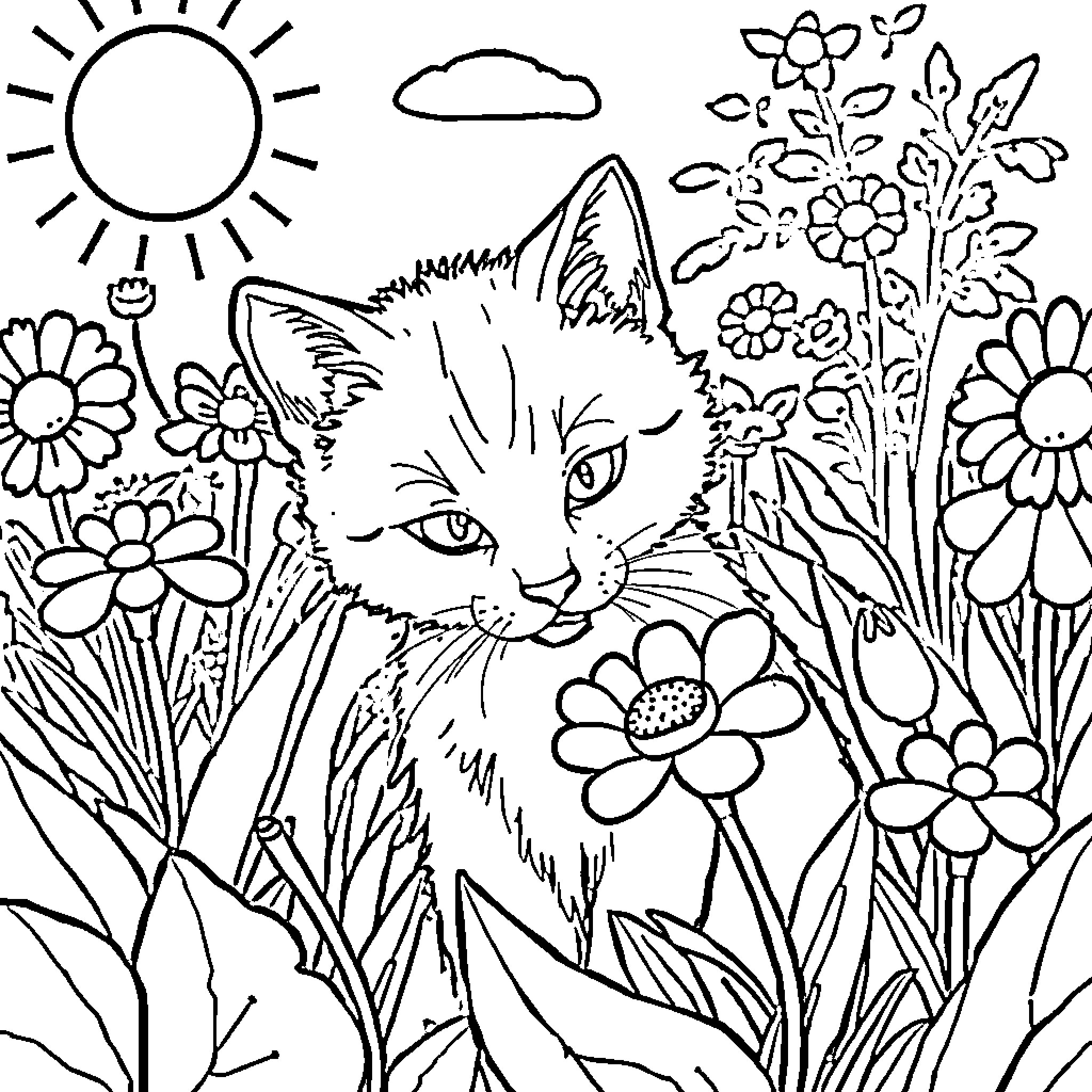 Cat in Floral Garden Coloring Page (free black-and-white line drawing printable PDF for all, from beginners to advanced learners, including children, teens, adults, and seniors)
