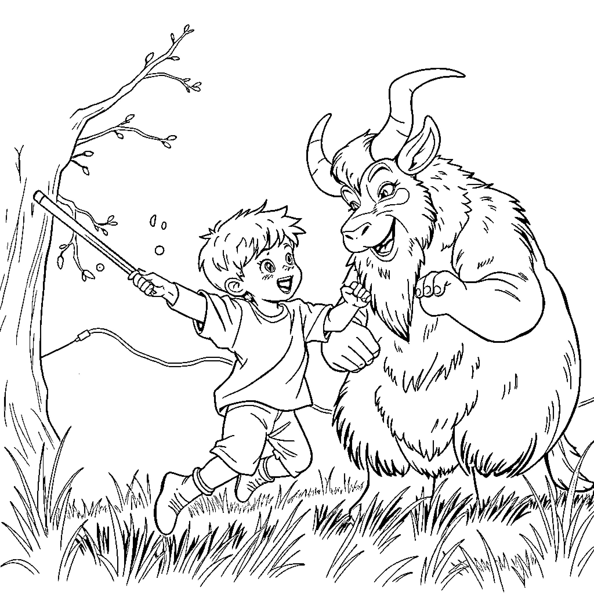 Child playing joyfully with a furry creature in the wild Coloring Page (free black-and-white line drawing printable PDF for all, from beginners to advanced learners, including children, teens, adults, and seniors)