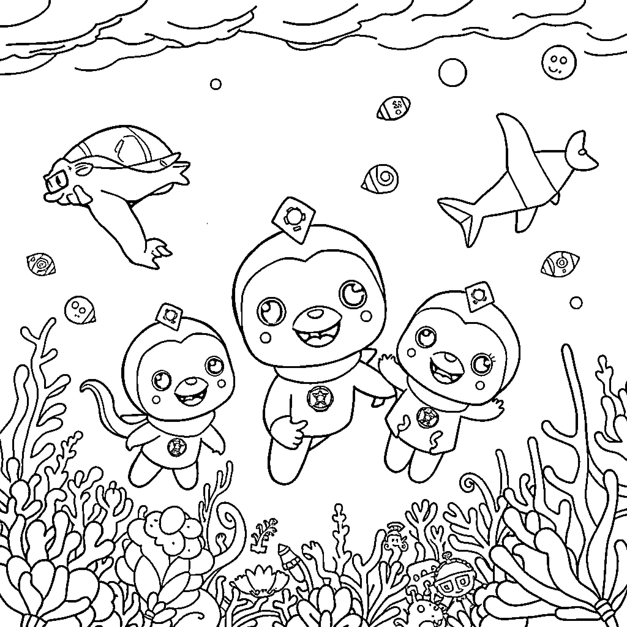 Octonauts exploring the underwater world Coloring Page (free black-and-white line drawing printable PDF for all, from beginners to advanced learners, including children, teens, adults, and seniors)