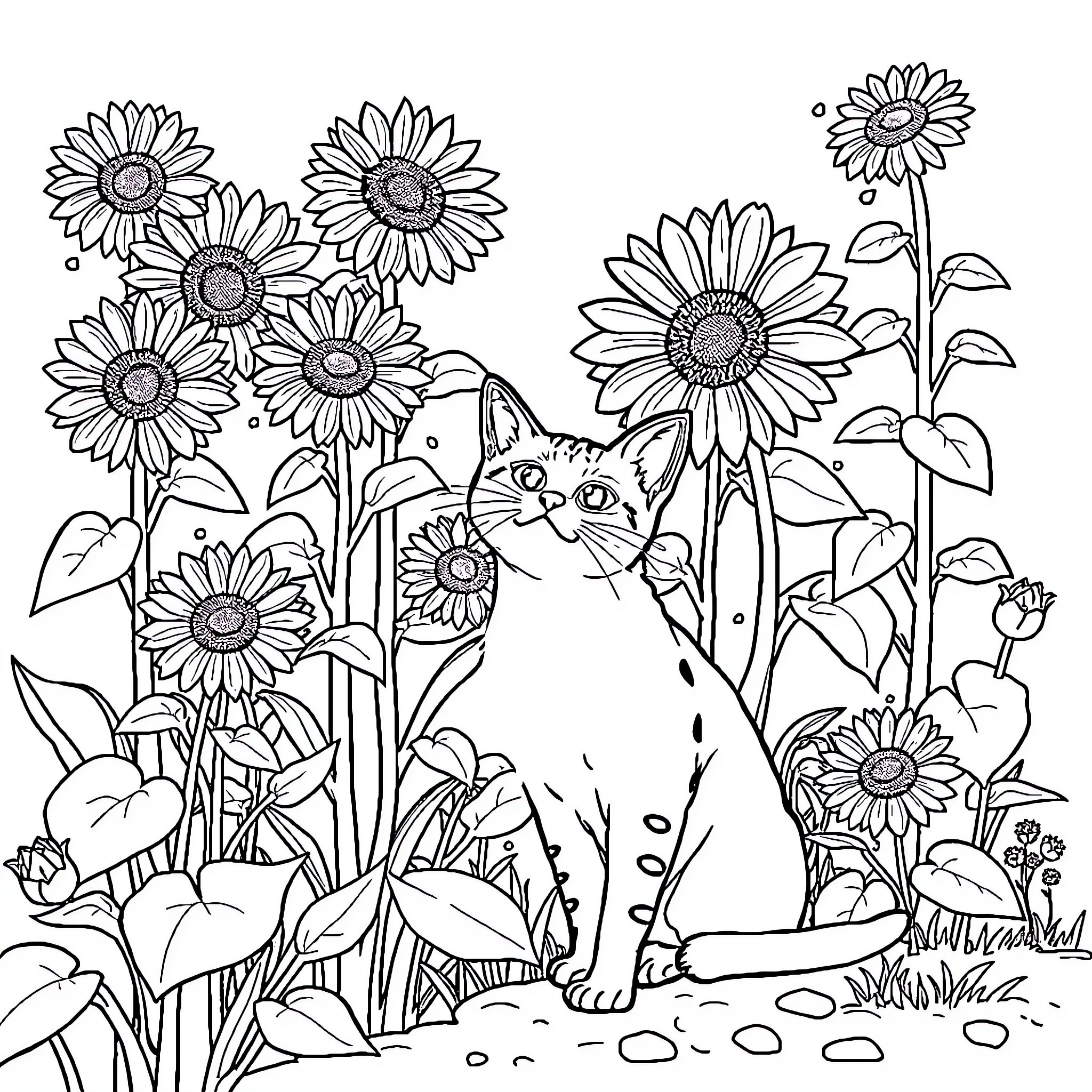 Cat hiding among sunflowers Coloring Page (free black-and-white line drawing printable PDF for all, from beginners to advanced learners, including children, teens, adults, and seniors)