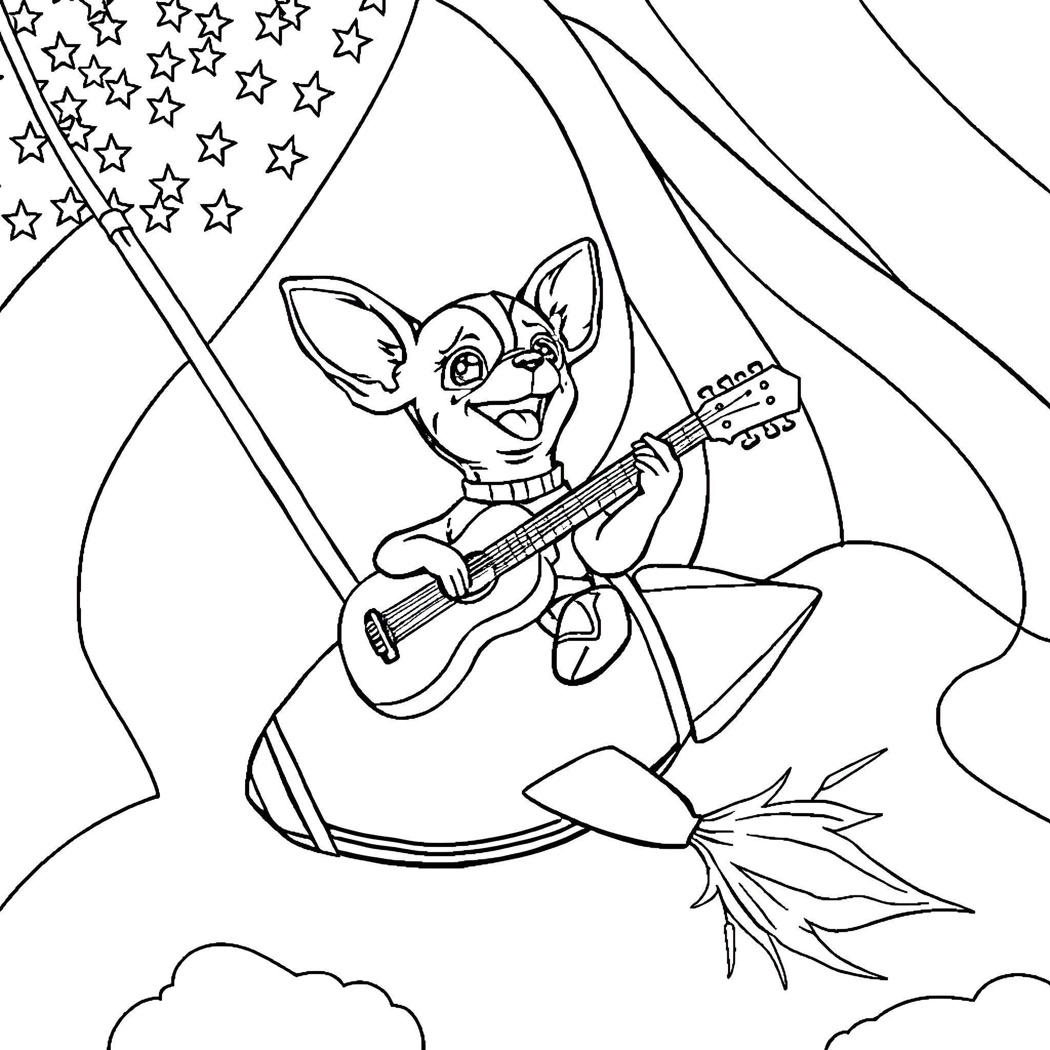 Chihuahua playing guitar under starry sky Coloring Page (free black-and-white line drawing printable PDF for all, from beginners to advanced learners, including children, teens, adults, and seniors)