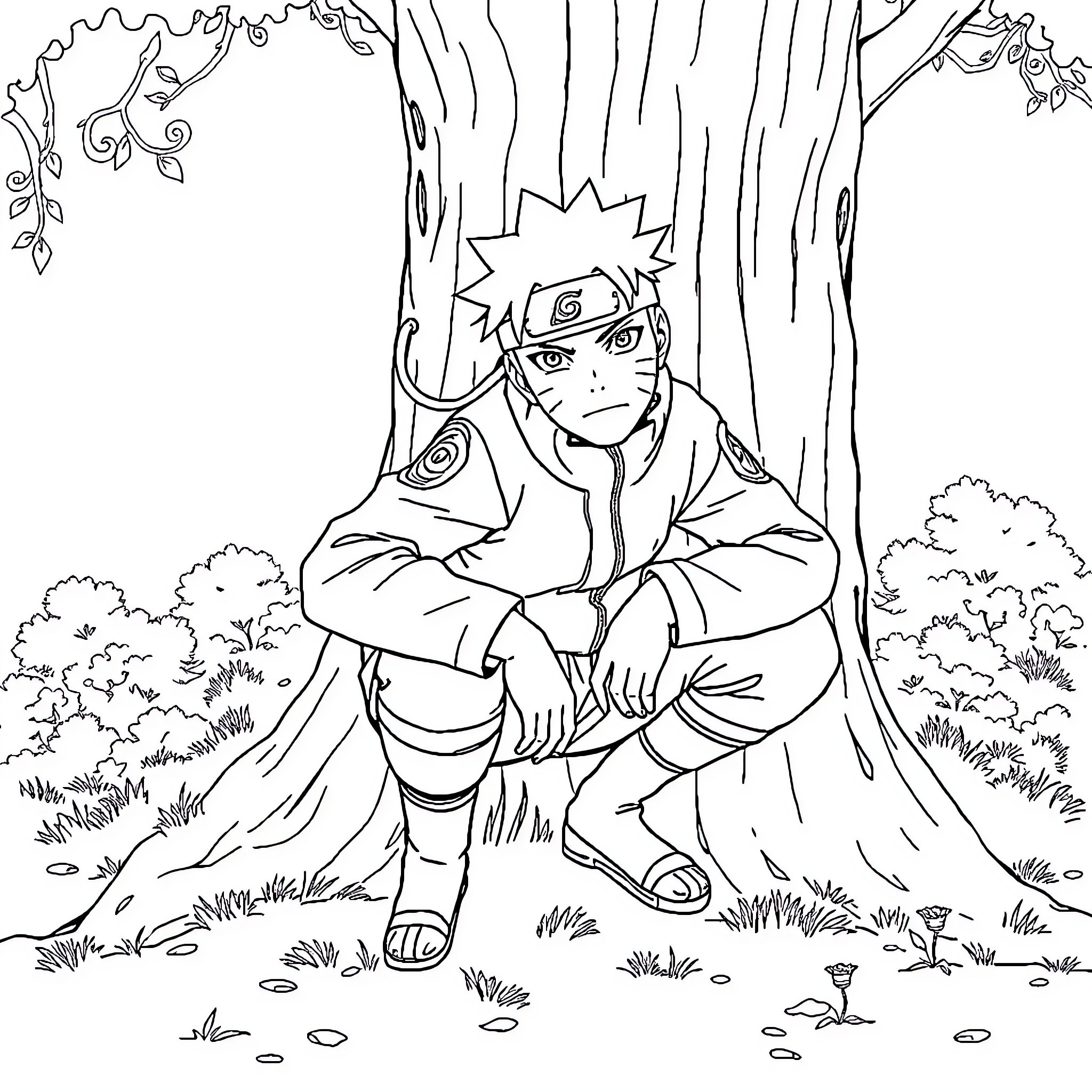 Naruto in contemplative pose in forest setting Coloring Page (free black-and-white line drawing printable PDF for all, from beginners to advanced learners, including children, teens, adults, and seniors)