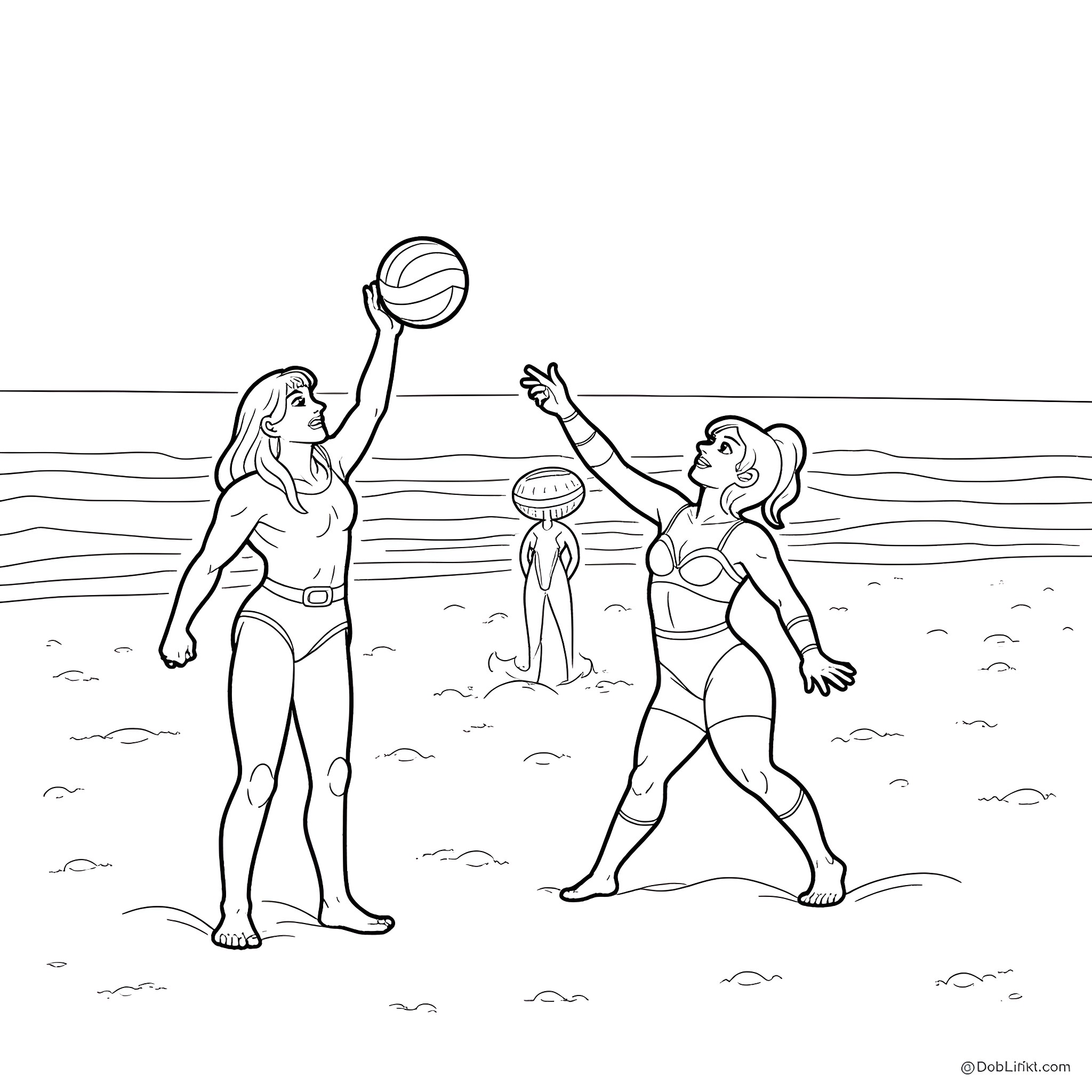 He-Man and friends playing volleyball on the beach Coloring Page (free black-and-white line drawing printable PDF for all, from beginners to advanced learners, including children, teens, adults, and seniors)