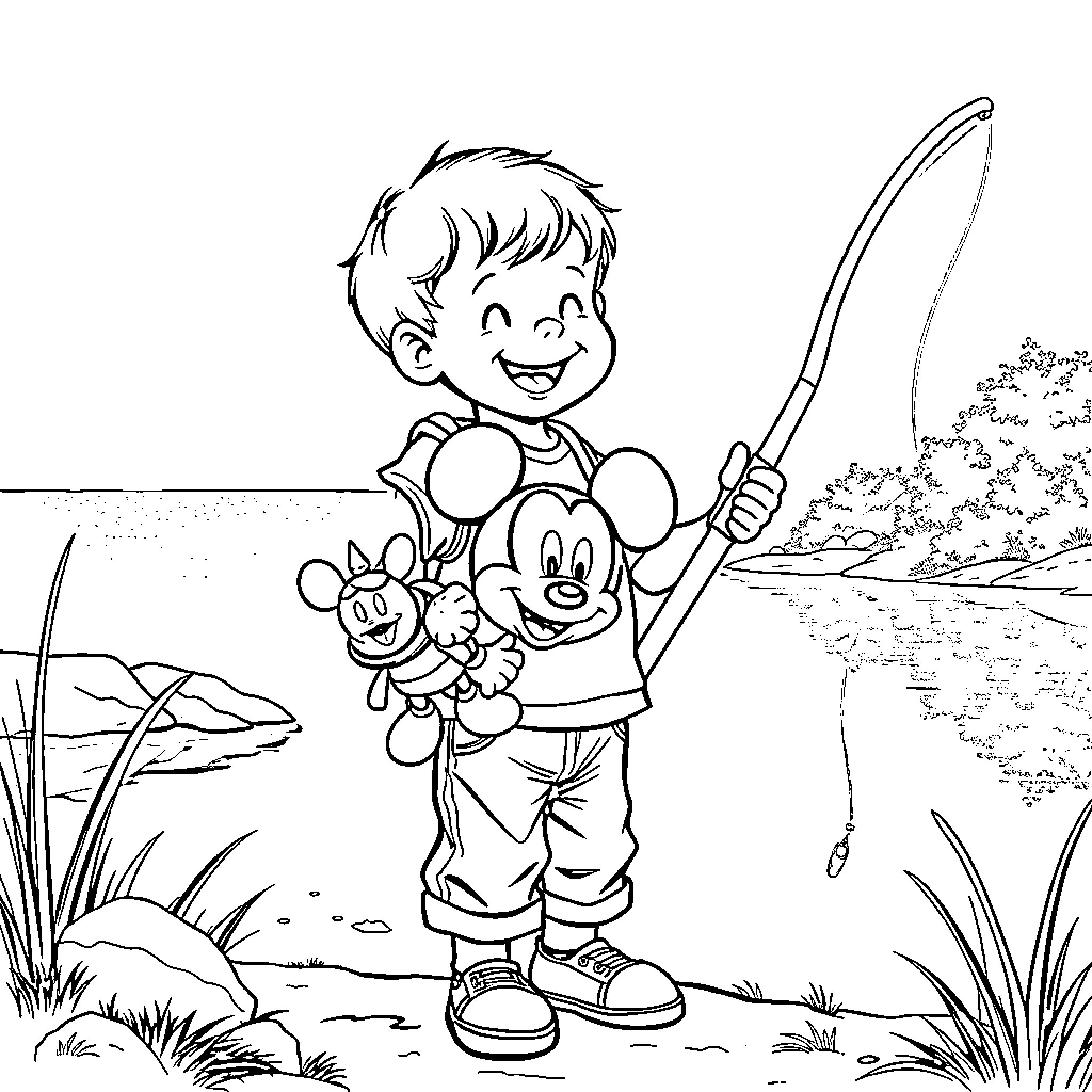 Toddler happily fishing with stuffed animals Coloring Page (free black-and-white line drawing printable PDF for all, from beginners to advanced learners, including children, teens, adults, and seniors)