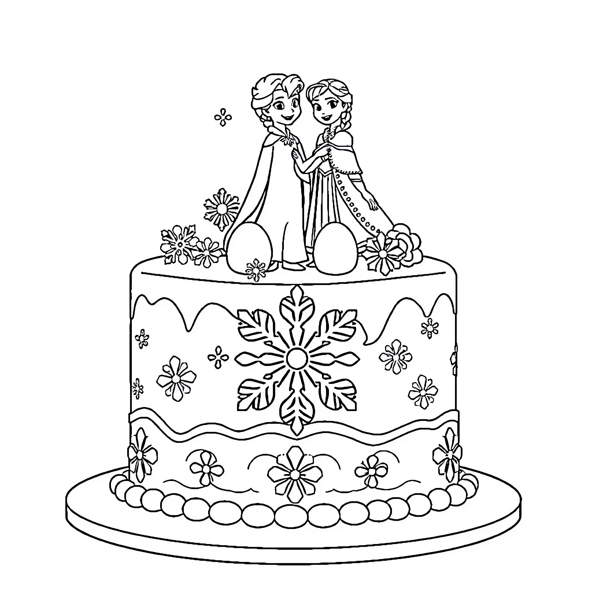 Snow Queen Cake Adorned with Elegant Floral Designs Coloring Page (free black-and-white line drawing printable PDF for all, from beginners to advanced learners, including children, teens, adults, and seniors)