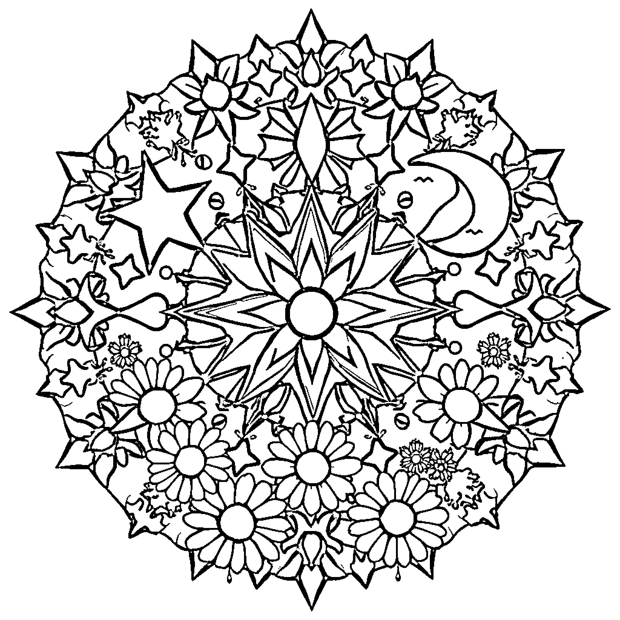 Mandala with Flowers, Stars, and Moon Symbols Coloring Page (free black-and-white line drawing printable PDF for all, from beginners to advanced learners, including children, teens, adults, and seniors)