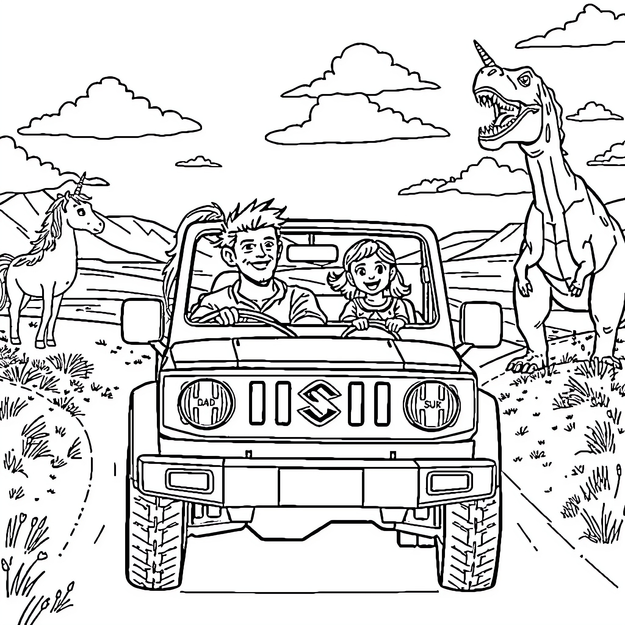 Family on Adventure in the Wilderness Coloring Page (free black-and-white line drawing printable PDF for all, from beginners to advanced learners, including children, teens, adults, and seniors)