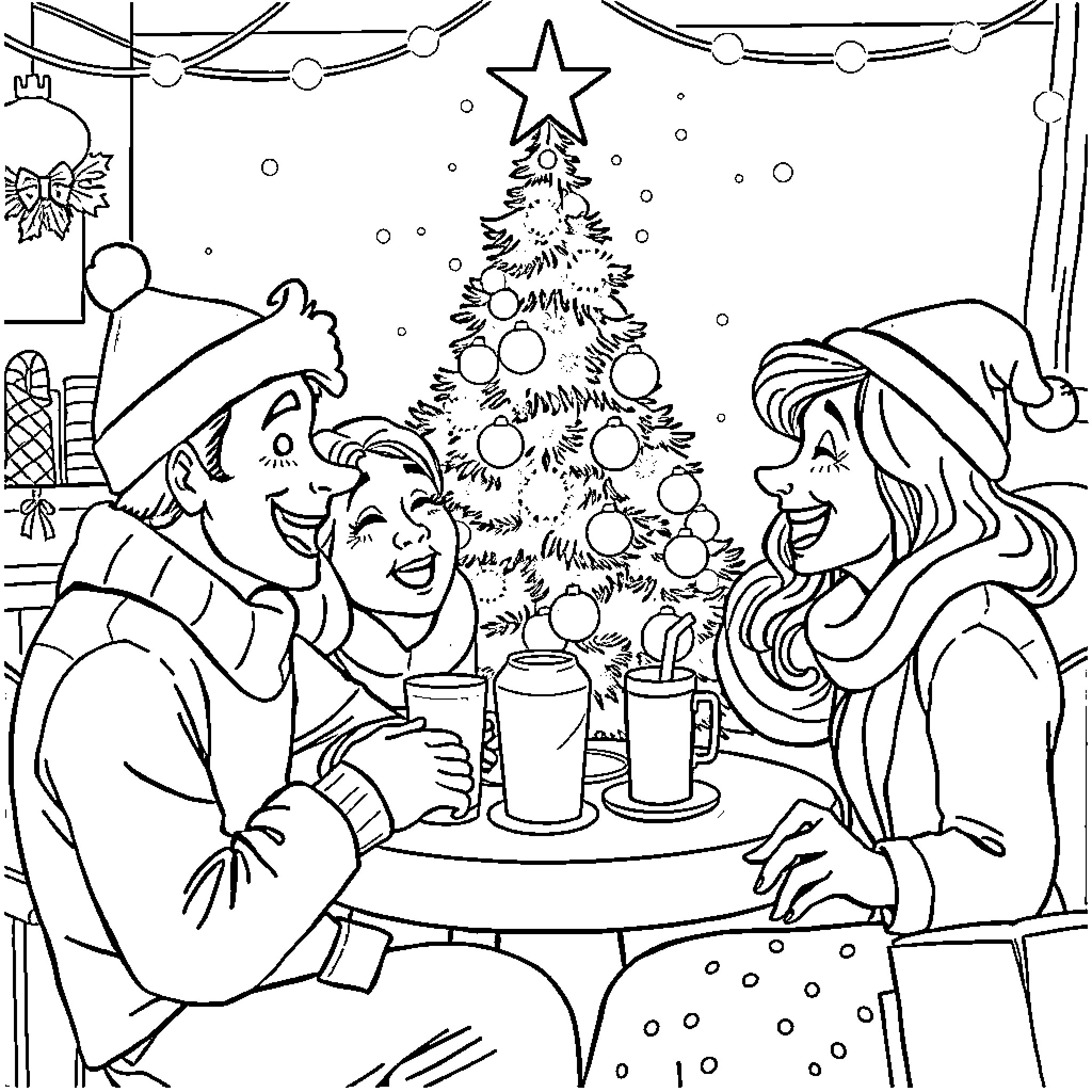 Bluey and friends celebrate Christmas at the park Coloring Page (free black-and-white line drawing printable PDF for all, from beginners to advanced learners, including children, teens, adults, and seniors)