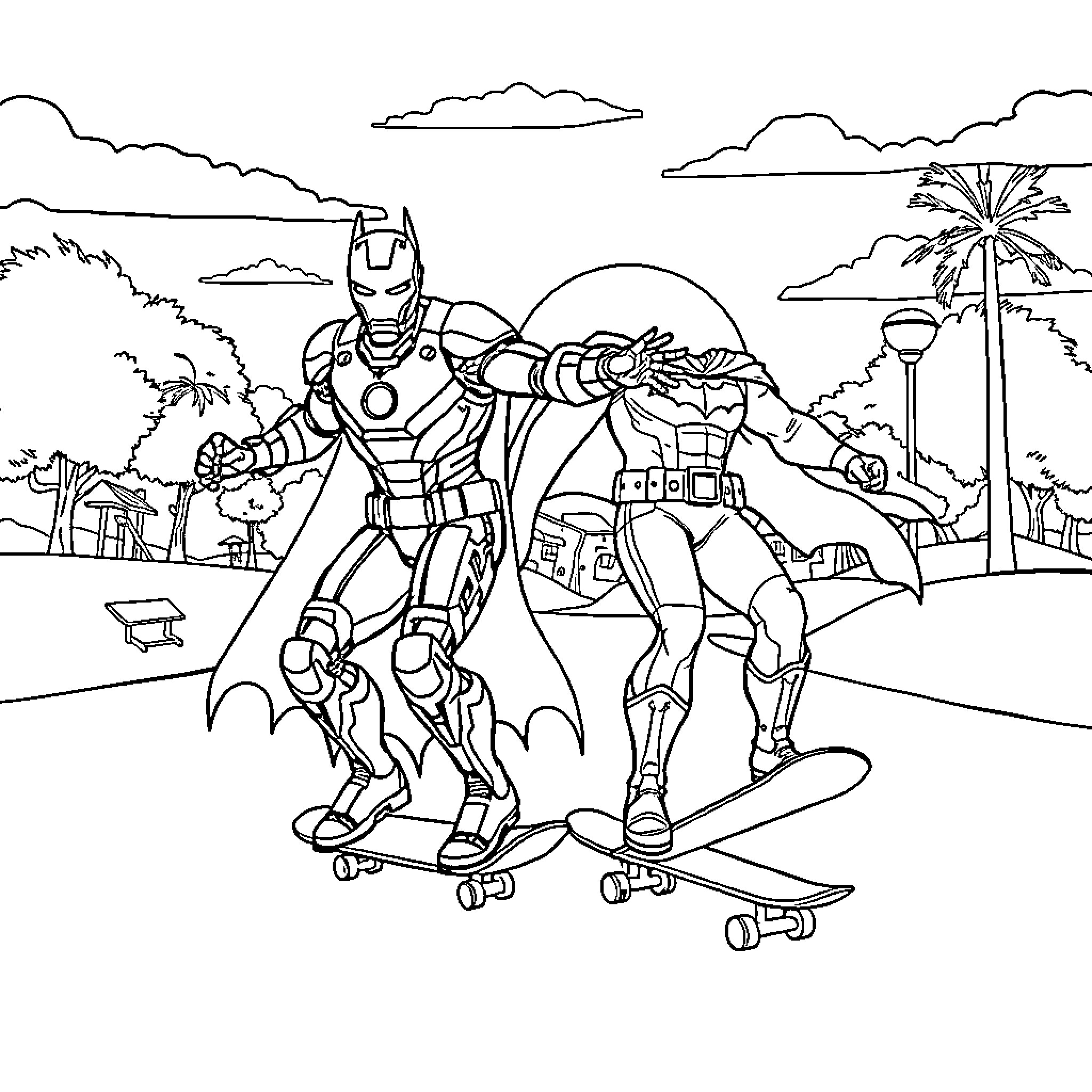 Iron Man enjoying skateboarding with friends in tropical setting Coloring Page (free black-and-white line drawing printable PDF for all, from beginners to advanced learners, including children, teens, adults, and seniors)