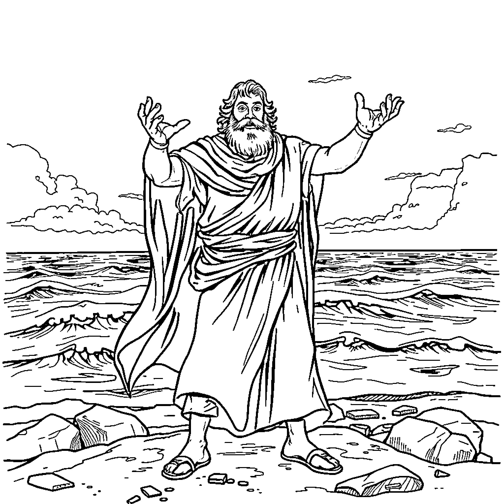 Moses Parting the Sea with Outstretched Arms Coloring Page (free black-and-white line drawing printable PDF for all, from beginners to advanced learners, including children, teens, adults, and seniors)