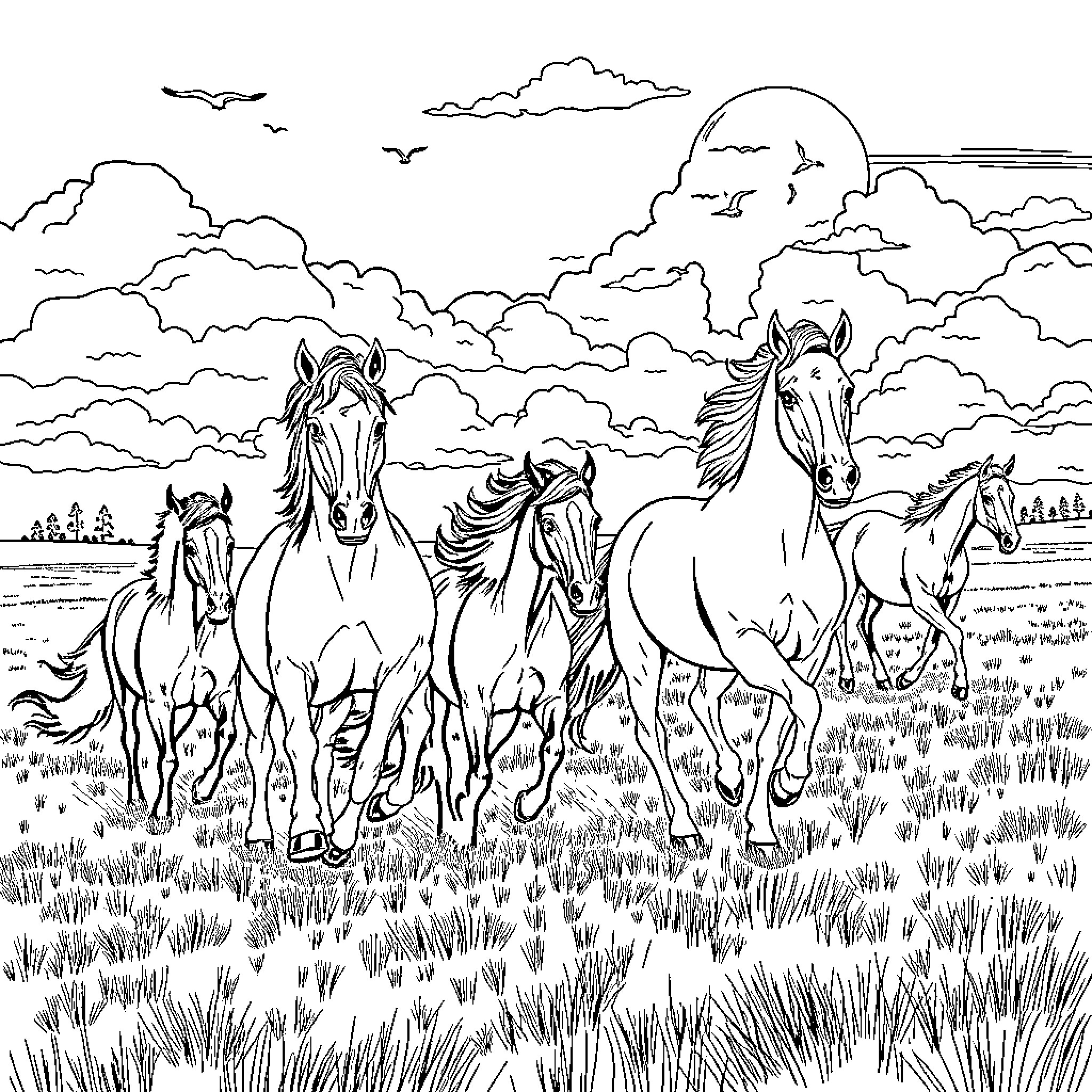 Horse herd running freely in the meadow Coloring Page (free black-and-white line drawing printable PDF for all, from beginners to advanced learners, including children, teens, adults, and seniors)