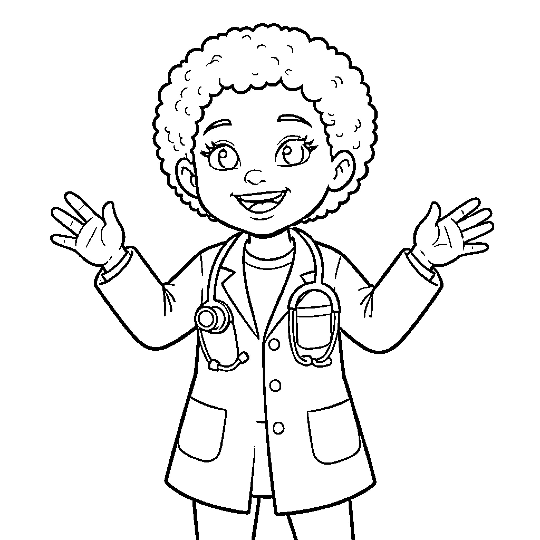 Girl in lab coat making a friendly gesture Coloring Page (free black-and-white line drawing printable PDF for all, from beginners to advanced learners, including children, teens, adults, and seniors)