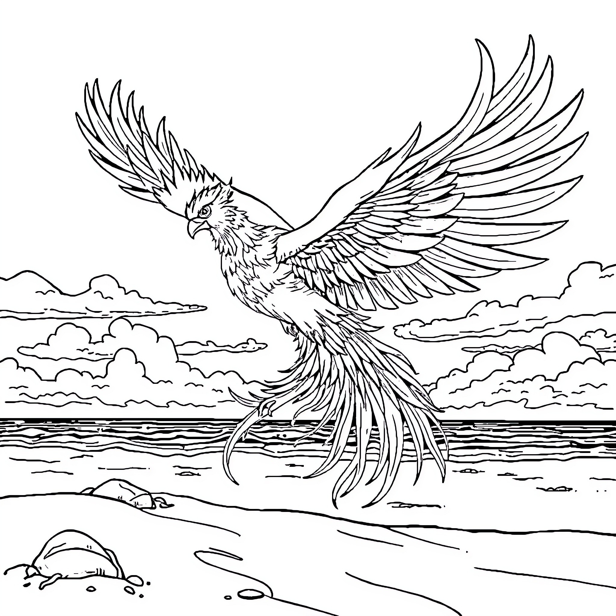Phoenix soaring gracefully over the water Coloring Page (free black-and-white line drawing printable PDF for all, from beginners to advanced learners, including children, teens, adults, and seniors)