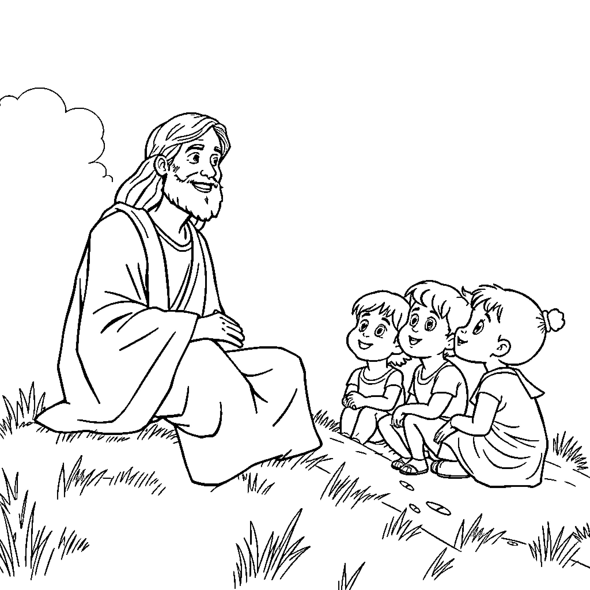 Jesus teaching and interacting with children in nature Coloring Page (free black-and-white line drawing printable PDF for all, from beginners to advanced learners, including children, teens, adults, and seniors)