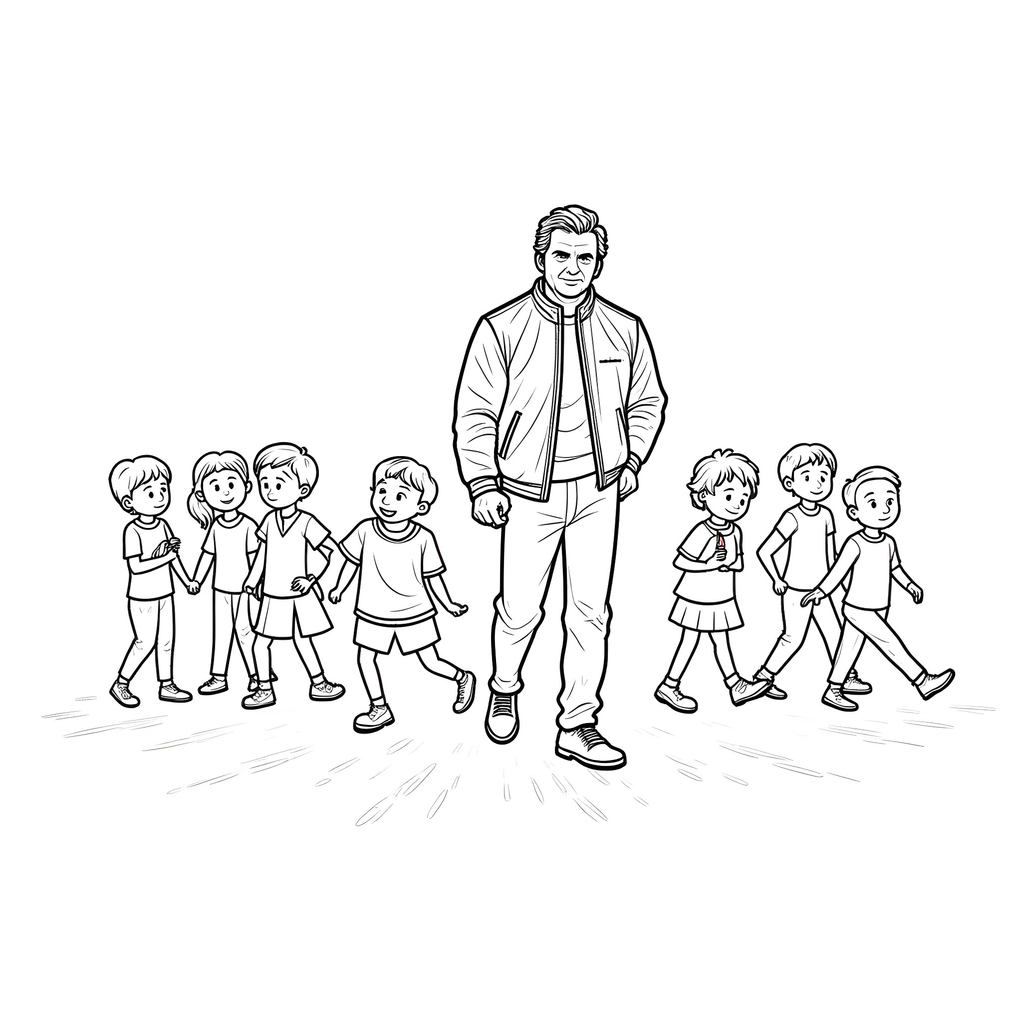 Liam Neeson leading a group of children Coloring Page (free black-and-white line drawing printable PDF for all, from beginners to advanced learners, including children, teens, adults, and seniors)