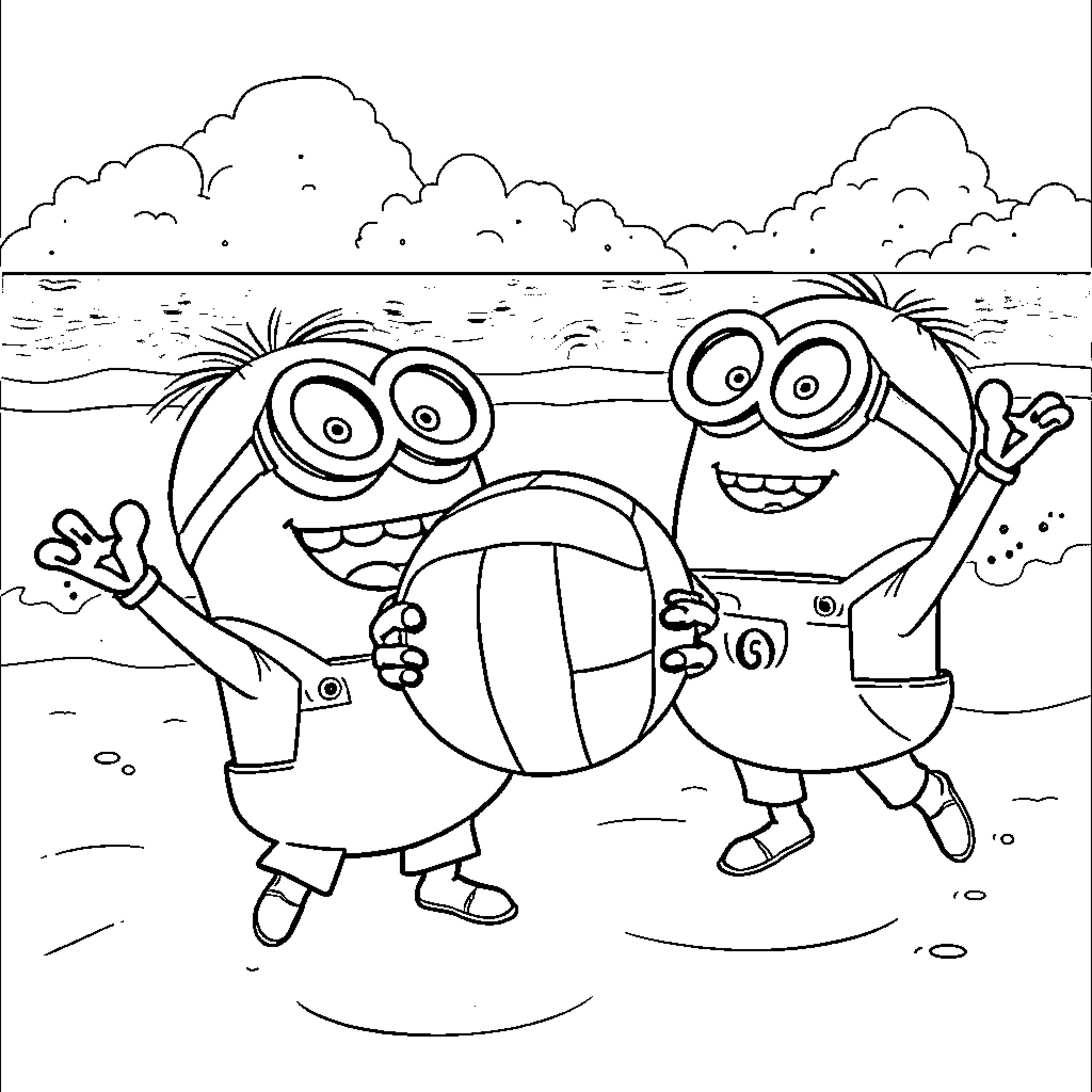 Minions playing joyfully with beach ball on the shore Coloring Page (free black-and-white line drawing printable PDF for all, from beginners to advanced learners, including children, teens, adults, and seniors)