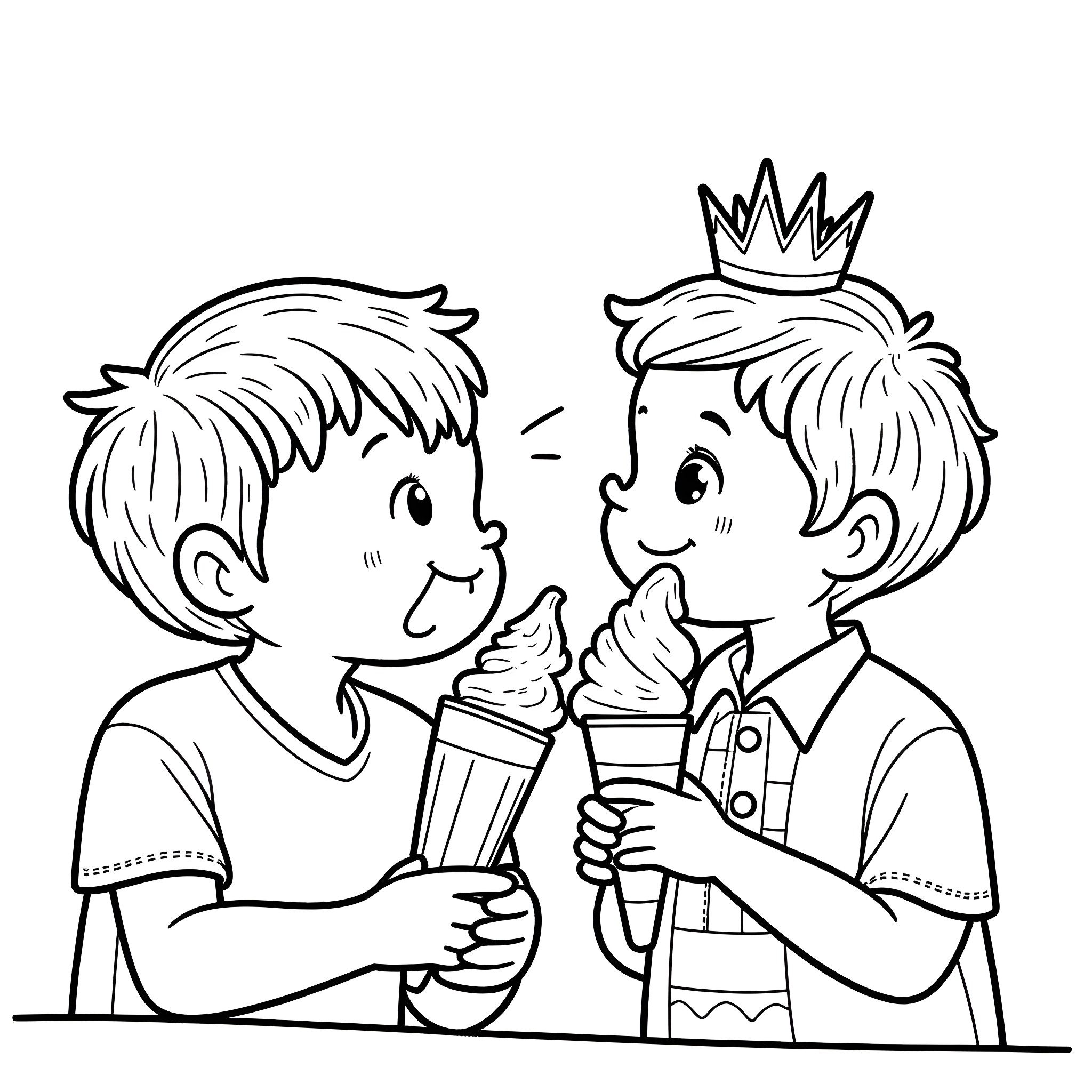 Ice Cream Treat Enjoyed by Crowned Princes Coloring Page (free black-and-white line drawing printable PDF for all, from beginners to advanced learners, including children, teens, adults, and seniors)