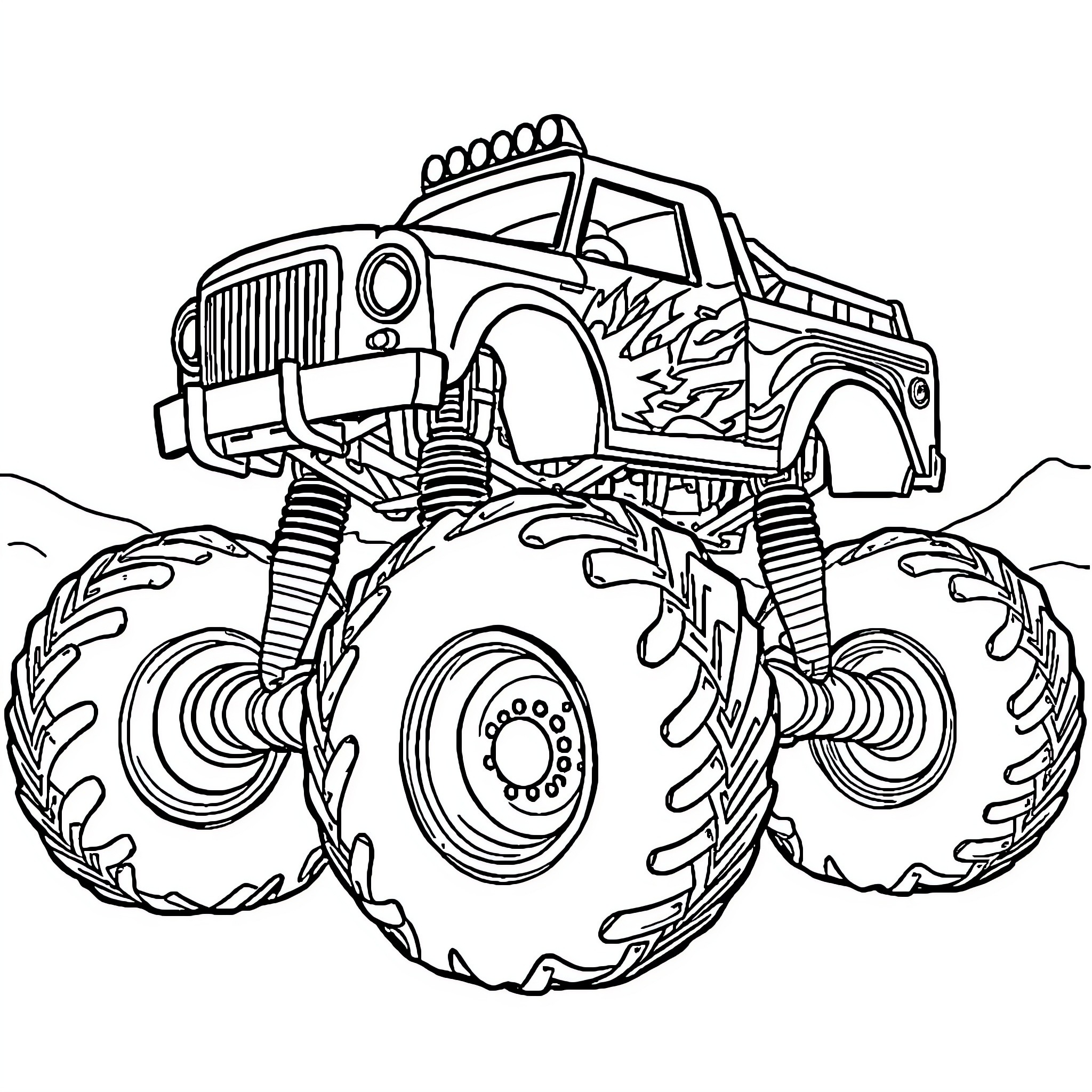 Monster Truck Crushing Obstacles on the Road Coloring Page (free black-and-white line drawing printable PDF for all, from beginners to advanced learners, including children, teens, adults, and seniors)