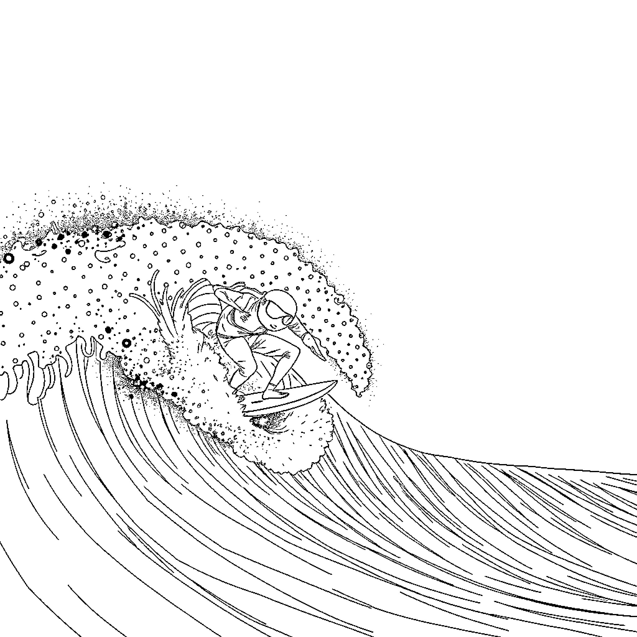 Surfer riding the crashing waves Coloring Page (free black-and-white line drawing printable PDF for all, from beginners to advanced learners, including children, teens, adults, and seniors)